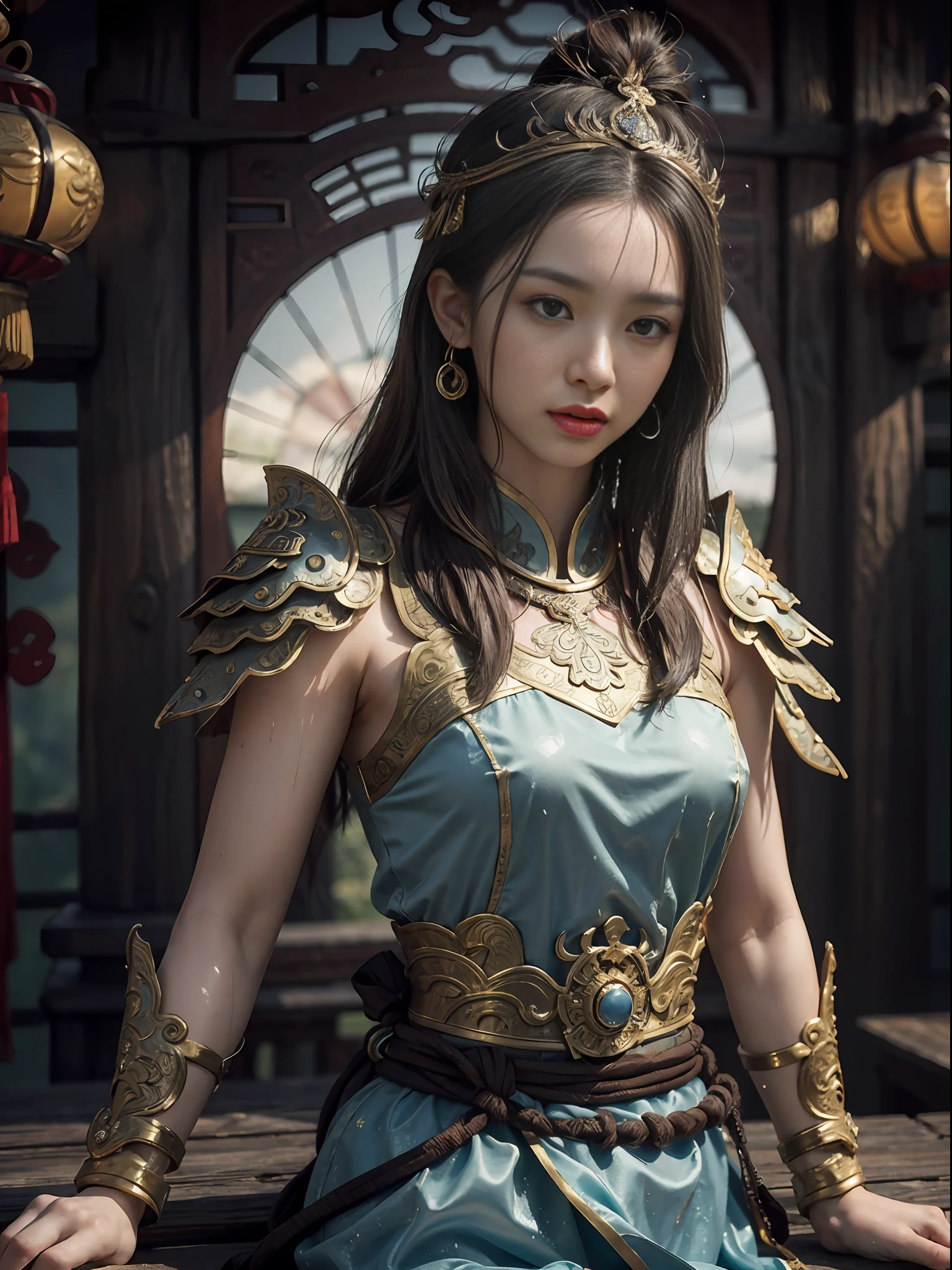 ((Best Quality, 8K, Masterpiece: 1.3))), Clear Focus: 1.2, (Layer Cut, Large: 1.2), Beautiful Woman with Perfect Figure: 1.4, Slender Abs: 1.2, Wet Body: 1.5, Highly Detailed Face and Skin Texture, Detailed Eyes, Double Eyelids, Long Brown Hair, Collarbone, Chinese Costume, Armor, Portrait of Mulan, Female General,