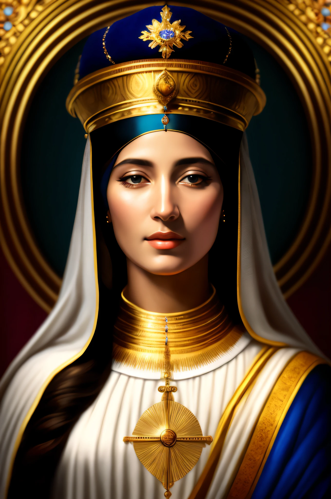 3d realistic image of our black lady, with a white robe on her head, serene look, white clothing with silver, with a rosary on the neck, Renaissance digital painting, detailed portrait of Madonna, an impressive portrait of a goddess, portrait painting of a princess, medieval portrait, Renaissance realistic portrait, Portrait of the queen