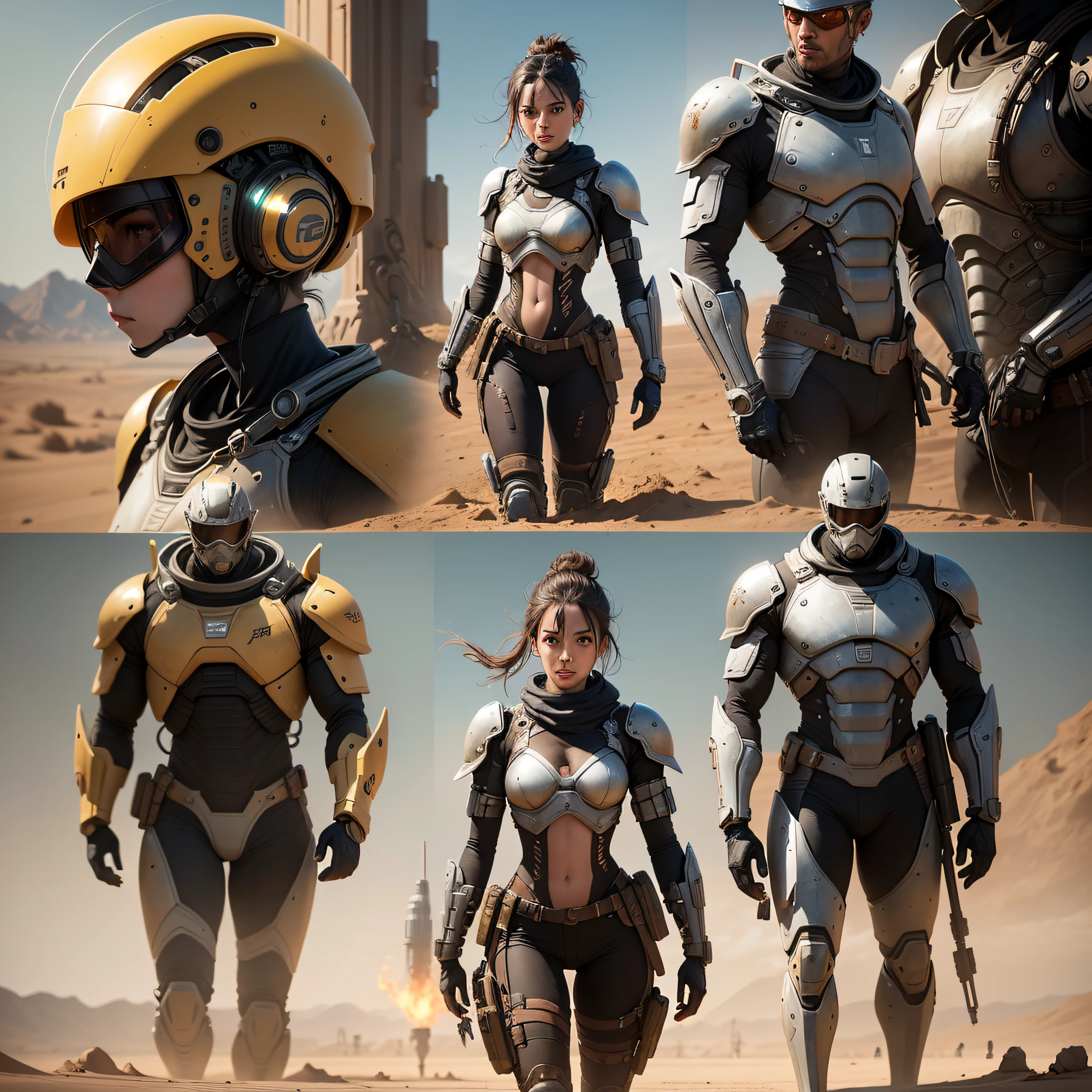 Explore a distant future where a realistic futuristic character emerges as a war survivor on a desert planet, whose expanses of yellow sand stretch to the horizon. Describe, in an immersive and detailed way, the arid and unforgiving world that the protagonist faces, with desolate landscapes and a hostile atmosphere. Introduce cybernetic elements into the character, such as technological implants and biomechanical enhancements, that aid him in the fight for survival. Describe your faithful pet, also adapted to the desert environment and equipped with futuristic devices that make it an indispensable companion. Detail the cyber warrior's survival strategies, including the ability to track scarce resources, face robotic threats, and maintain their physical and mental integrity amid loneliness and constant challenges. Immerse yourself in the emotional complexity of the protagonist, who bears the marks of war and loss, as he seeks a purpose and a sense of humanity in a desolate world. This is a futuristic and realistic portrait of a cybernetic warrior and his loyal companion, fighting against all odds to survive and find hope in the heart of a yellow sand desert. --auto --s2