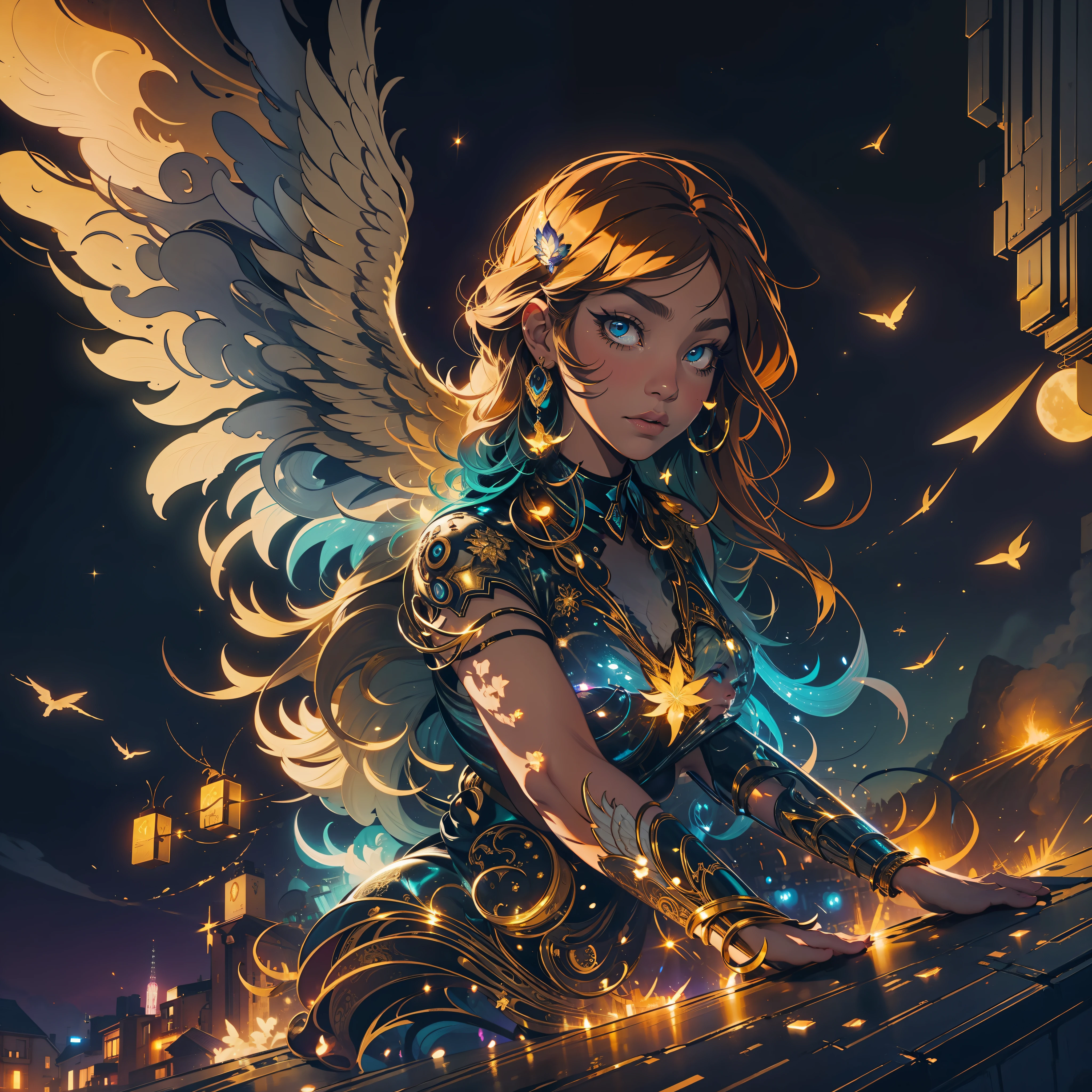 This image depicts an angel woman hovering over a city at night. The city lights create a golden and dramatic atmosphere, while its delicate presence and dark wings contrast with the urban environment. The woman seems protective and vigilant.