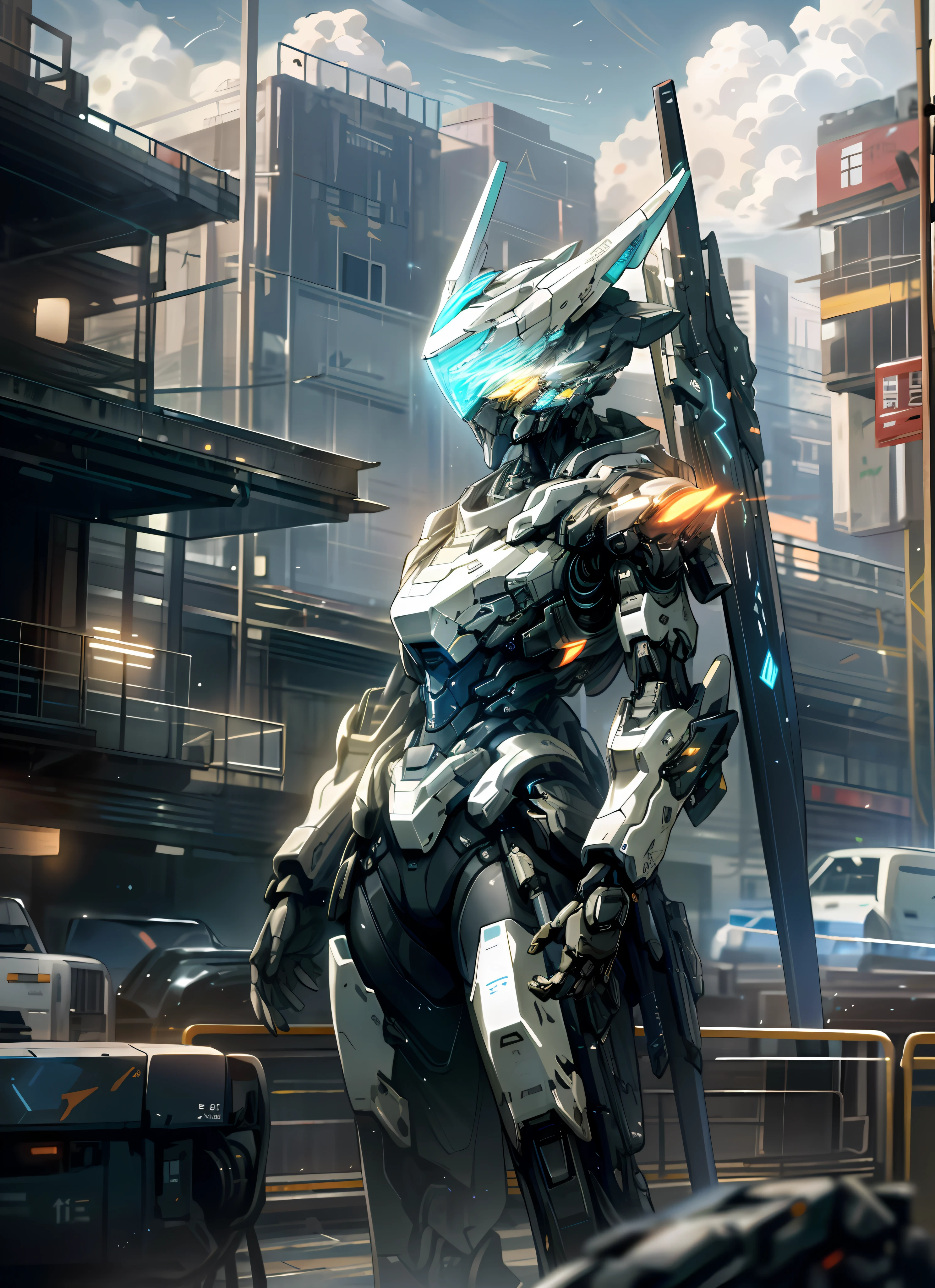 Sky, Clouds, holding_weapon, no_humans, Glow, Girl in Robot Warframe, Architecture, Bule glowing_eyes, Mecha, Science Fiction, City, Reality, Mecha