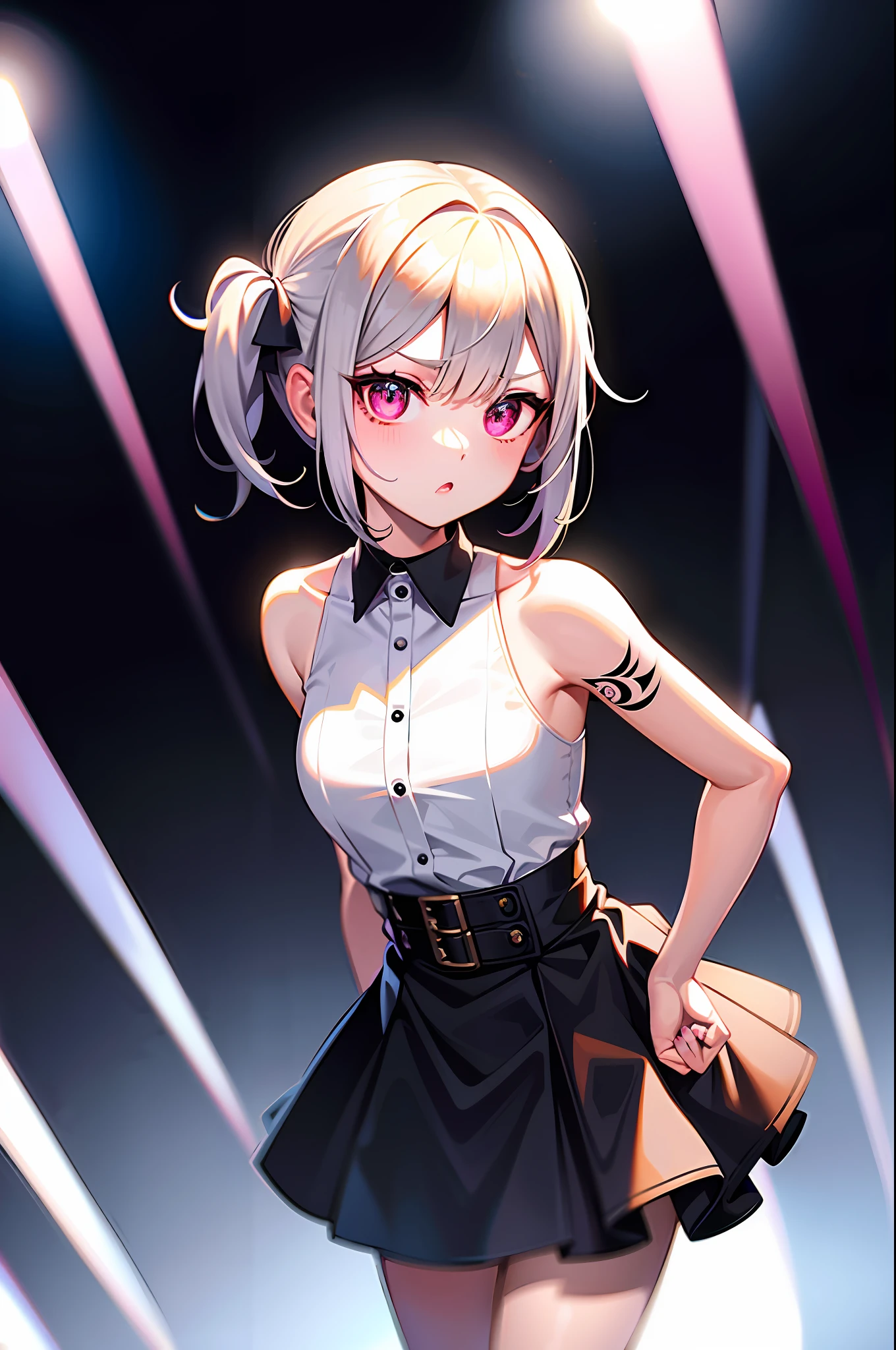 Best quality, super high resolution, 1girl, tattoo of spades on arms, sleeveless white button-down shirt, black skirt, black collar, cute, (Kpop idol), (aegyo sal:1), (platinum blonde: 1), (puffy eyes)), looks in front of the audience, full body, facing forward