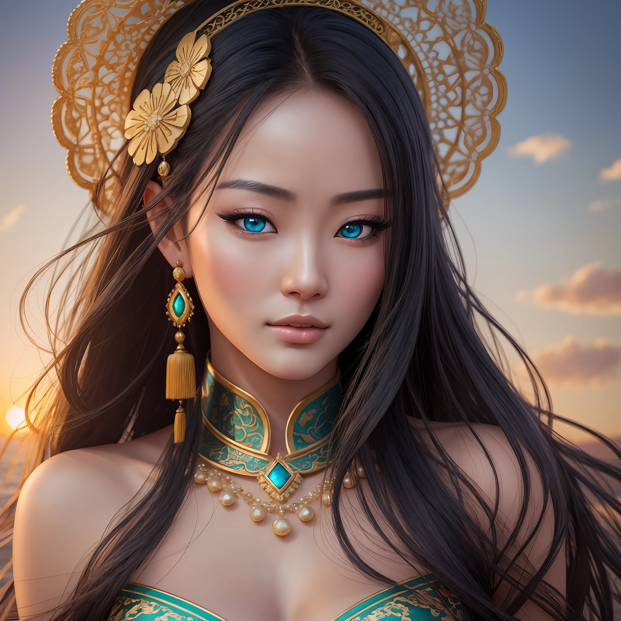 A beautiful oriental woman, photo realistic, looking at the sunset on the horizon with blue-green eyes, beautiful, in 8K, ultra realistic, hyper realistic, with maximum perfection. --auto --s2