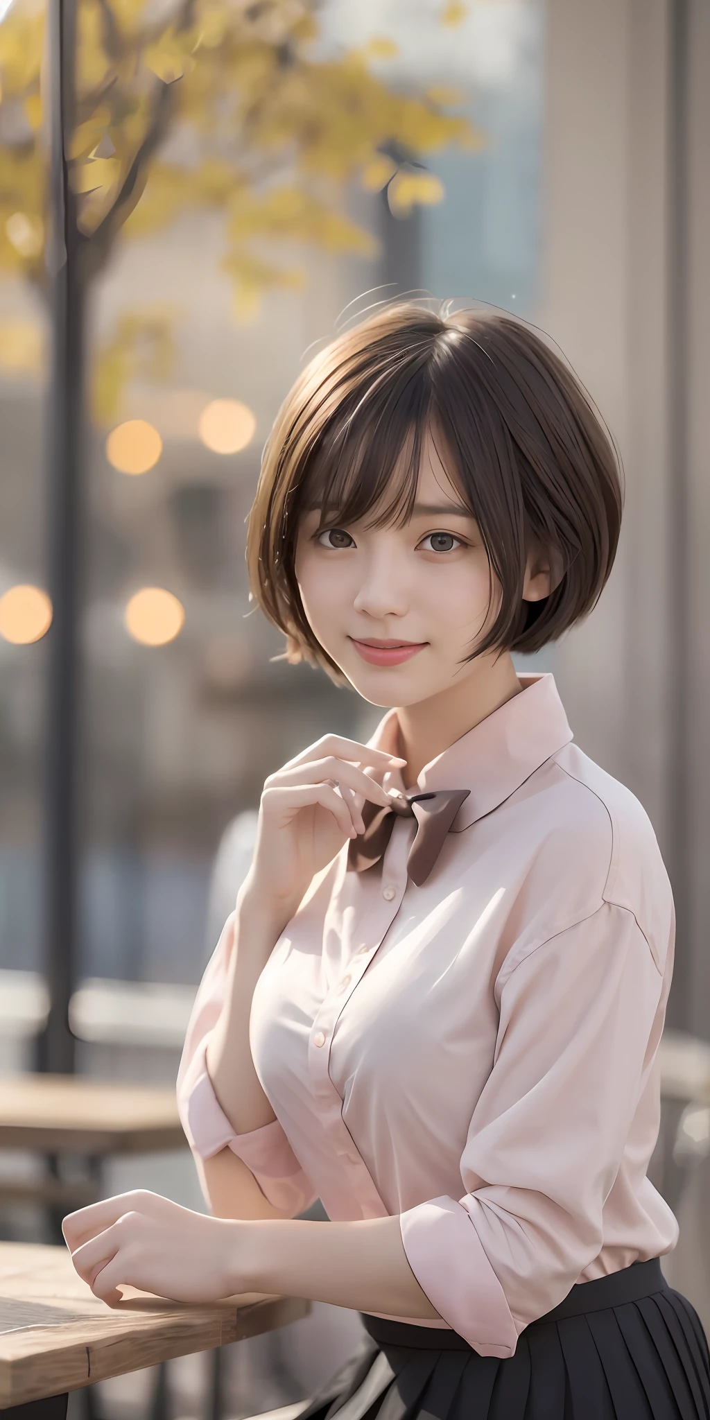 (8k, RAW photos, top quality, masterpieces: 1.2), (realistic, photorealistic: 1.37), super detailed, 1 girl, cute, solo, beautiful details sky, more cafe, night, sitting, dating, (blush), (smile: 1.1), (closed mouth) medium breasts, beautiful detail eyes, (collared shirt: 1.1), bow tie, pleated skirt, (short hair: 1.2), Floating hair