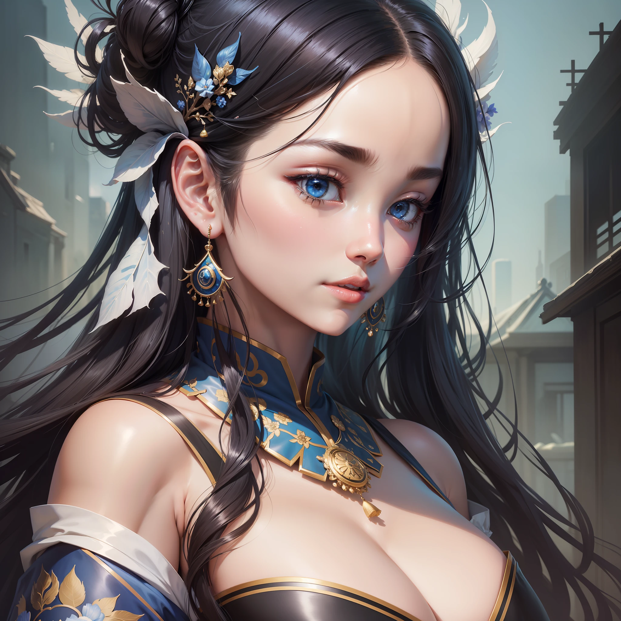 (Best Quality, Masterpiece, 8K, Ultra High Resolution, Realistic, Close-up, Blue Sky, Photon Mapping, Teleportion, Physically Based Rendering: 1.2), (Beautiful Delicate Face and Smooth Forehead and Long Black Hair and Messy Hair: 1.2), (Blue Clothes: 1.5), (Beautiful Face and Delicate Whitening of Face, Extremely Detailed 8K Color Filament Robe: 1.2), 1 Girl, Solo, (Young), Detailed Face, Shiny Skin, Intricate Details, Looking at the Audience, Big Eyes, Earrings, Hairpins, necklace, big breasts, slim body. Wearing a black and white cheongsam and posing elegantly and cutely, the digital artwork captured is popular on CGSTATION. Inspired by Sim Sa-jeong and Leng Mei's Guvez art, this work uses elegant digital painting techniques to present traditional Chinese costumes and beautiful faces, and stunning digital illustrations are full of elegance and cuteness