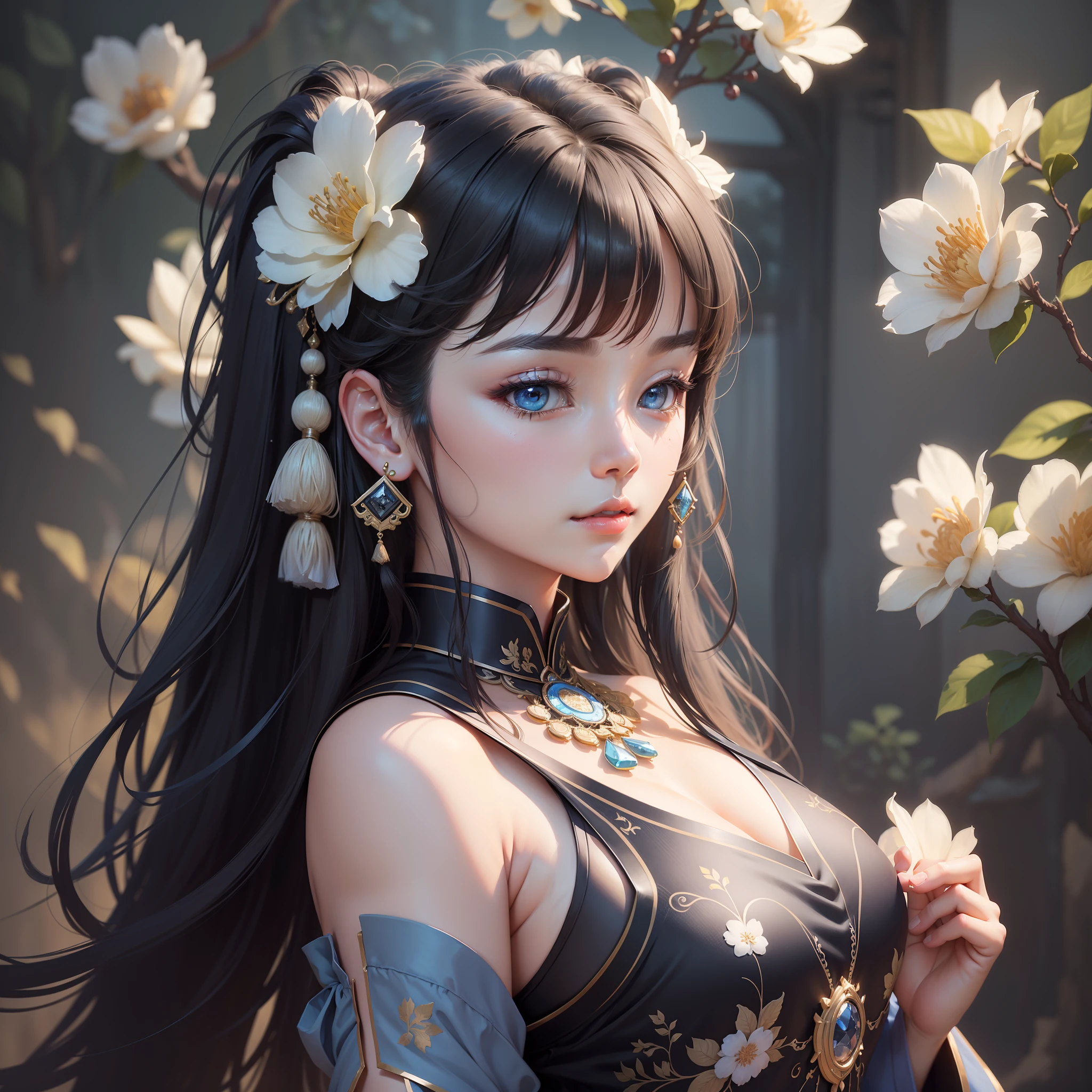 (Best Quality, Masterpiece, 8K, Ultra High Resolution, Realistic, Close-up, Blue Sky, Photon Mapping, Teleportion, Physically Based Rendering: 1.2), (Beautiful Delicate Face and Smooth Forehead and Long Black Hair and Messy Hair: 1.2), (Blue Clothes: 1.5), (Beautiful Face and Delicate Whitening of Face, Extremely Detailed 8K Color Filament Robe: 1.2), 1 Girl, Solo, (Young), Detailed Face, Shiny Skin, Intricate Details, Looking at the Audience, Big Eyes, Earrings, Hairpins, necklace, big breasts, slim body. Wearing a black and white cheongsam and posing elegantly and cutely, the digital artwork captured is popular on CGSTATION. Inspired by Sim Sa-jeong and Leng Mei's Guvez art, this work uses elegant digital painting techniques to present traditional Chinese costumes and beautiful faces, and stunning digital illustrations are full of elegance and cuteness