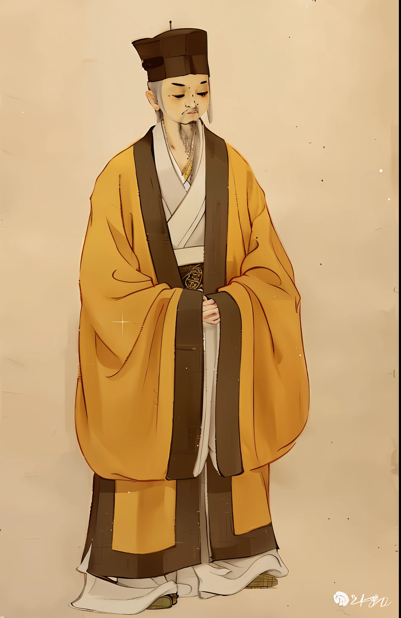 arafed image of a man in a yellow robe and black hat, inspired by Wu Daozi, wearing ancient chinese clothes, ancient japanese monk, wearing flowing robes, by Gu Kaizhi, by Emperor Huizong of Song, wearing simple robes, daoist, wearing a simple robe, song dynasty, wearing robe, flowing hair and long robes
