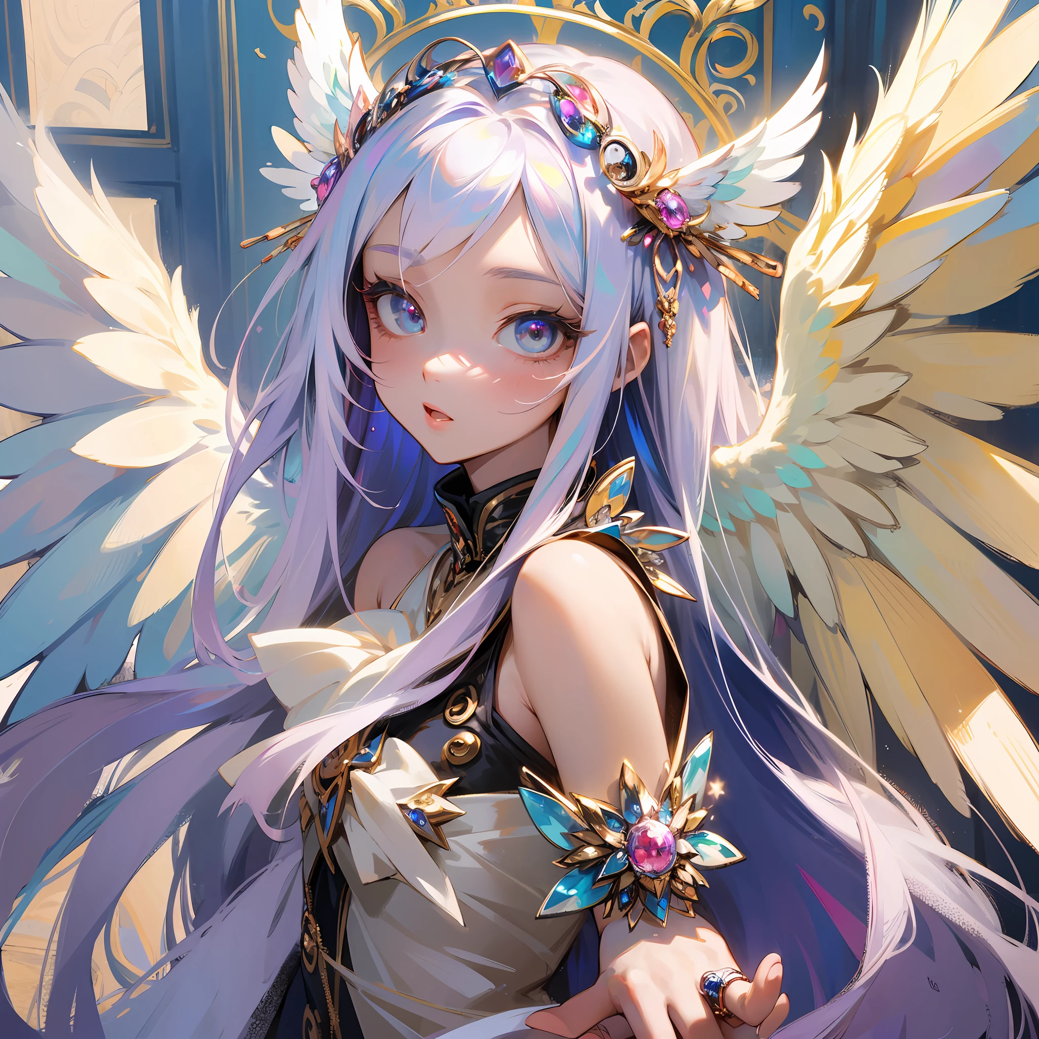 (masterpiece:1.4), (best quality:1.4), (very cute angel girl, ultra-detailed face, jewel-like eye, white very long hair, colorful gradation hair:1.4), (ring of angels:1.4), (angel wings:1.4), (full-body, perfect two arms, perfect two legs:1.4)
BREAK,
(deta...