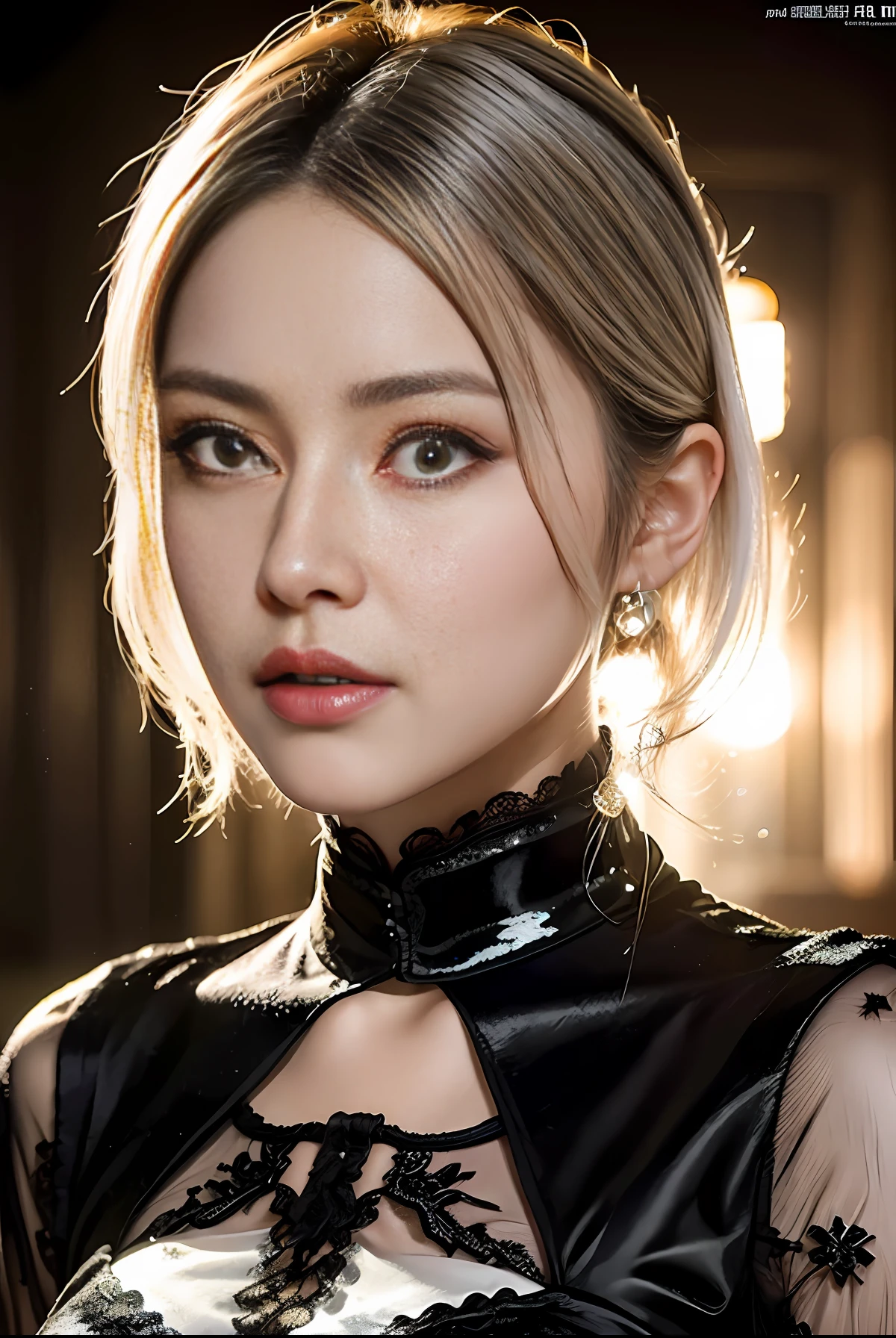 masterpiece, (front focus), surrealist female portrait, fantasy art, realism, dynamic lighting, art station, poster, volumetric lighting, highly detailed face, black and fluffy eyes, shiny pupils, 4K, award-winning, 1 girl, understated, full body shot, (official attire: 1.4,pleated lace dress), white hair,
