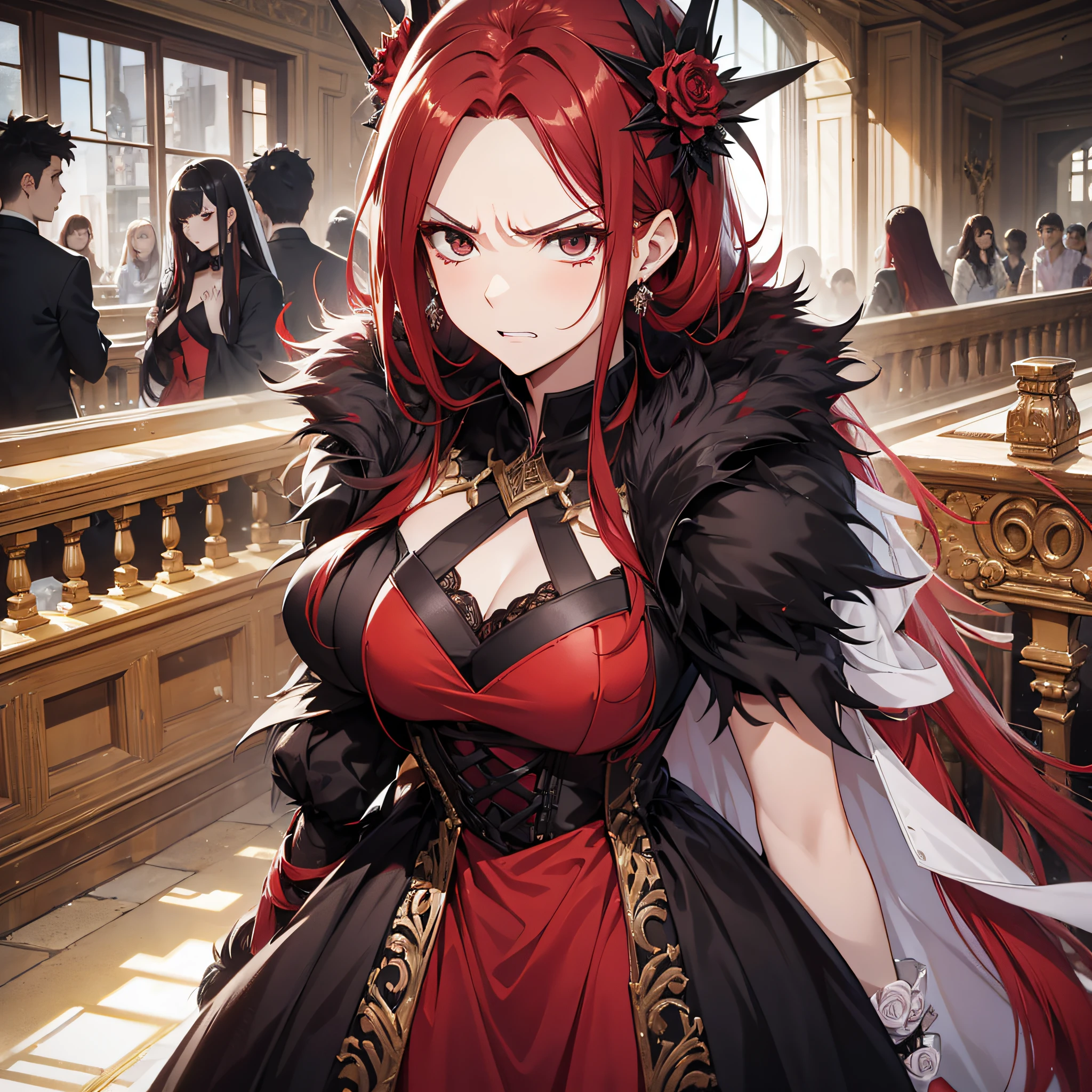 A woman, long red hair, black eyes, wedding dress, angry, angry, growling, in the banquet hall