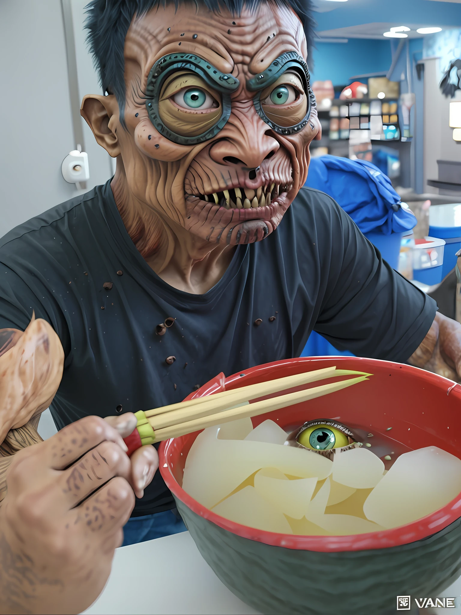A Vantz monster design, Asian, zombie, rotten, full of rotten bags, funny, worms in the bowl, super detailed,,,, one-eyed
