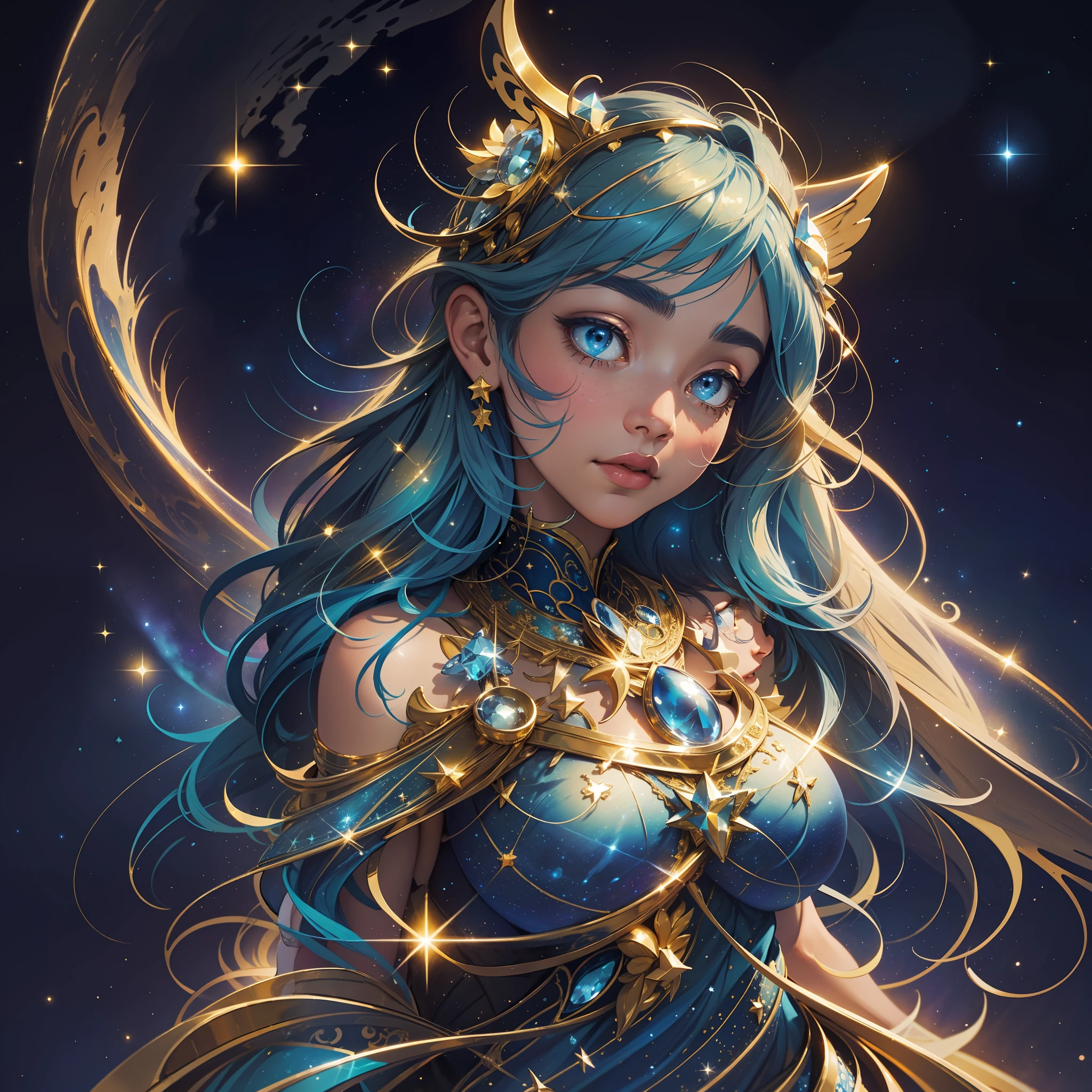 In the background, a celestial landscape painted in shades of blue and gold seems to stretch to infinity. The stars shine brightly, scattering golden dots across the night sky. A soft blue light illuminates the scene, highlighting the serene beauty of the angel woman.
