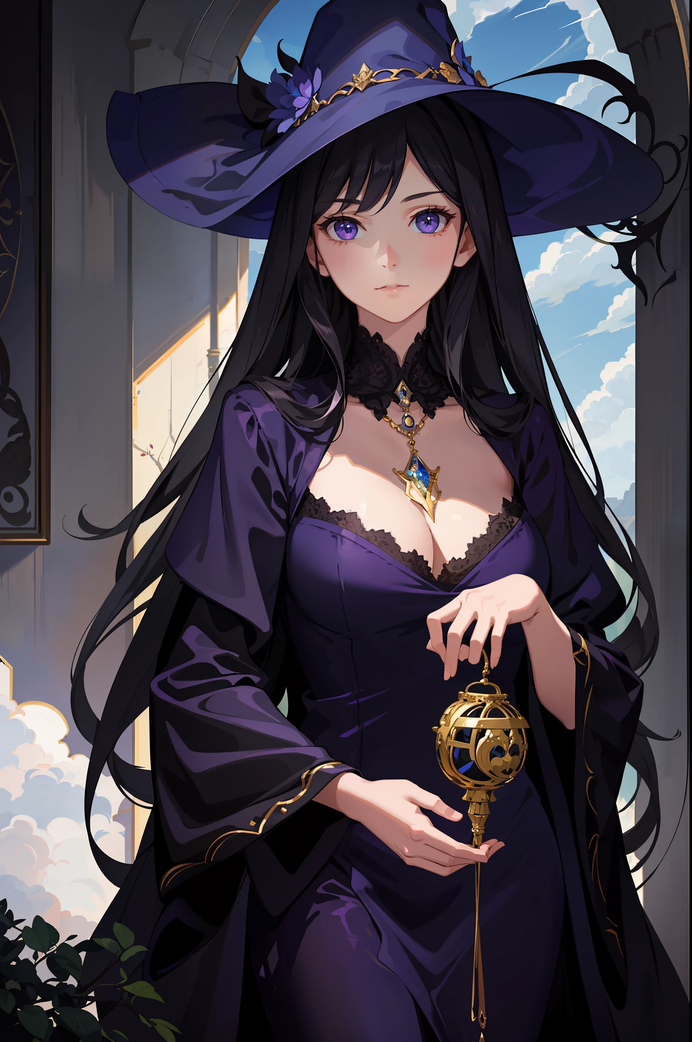 (Masterpiece, Fine and Meticulous Beautiful Eyes: 1.2), ultra-detailed, illustration, a mysterious and mysterious witch dressed in a dark purple robe, peeks at the widow bathing, and stands in a world of her own creation, surrounded by a swirling cloud of arcane magic. , detailed background, (realistic: 2), volumetric light, sunlight, rays, sky, clouds,