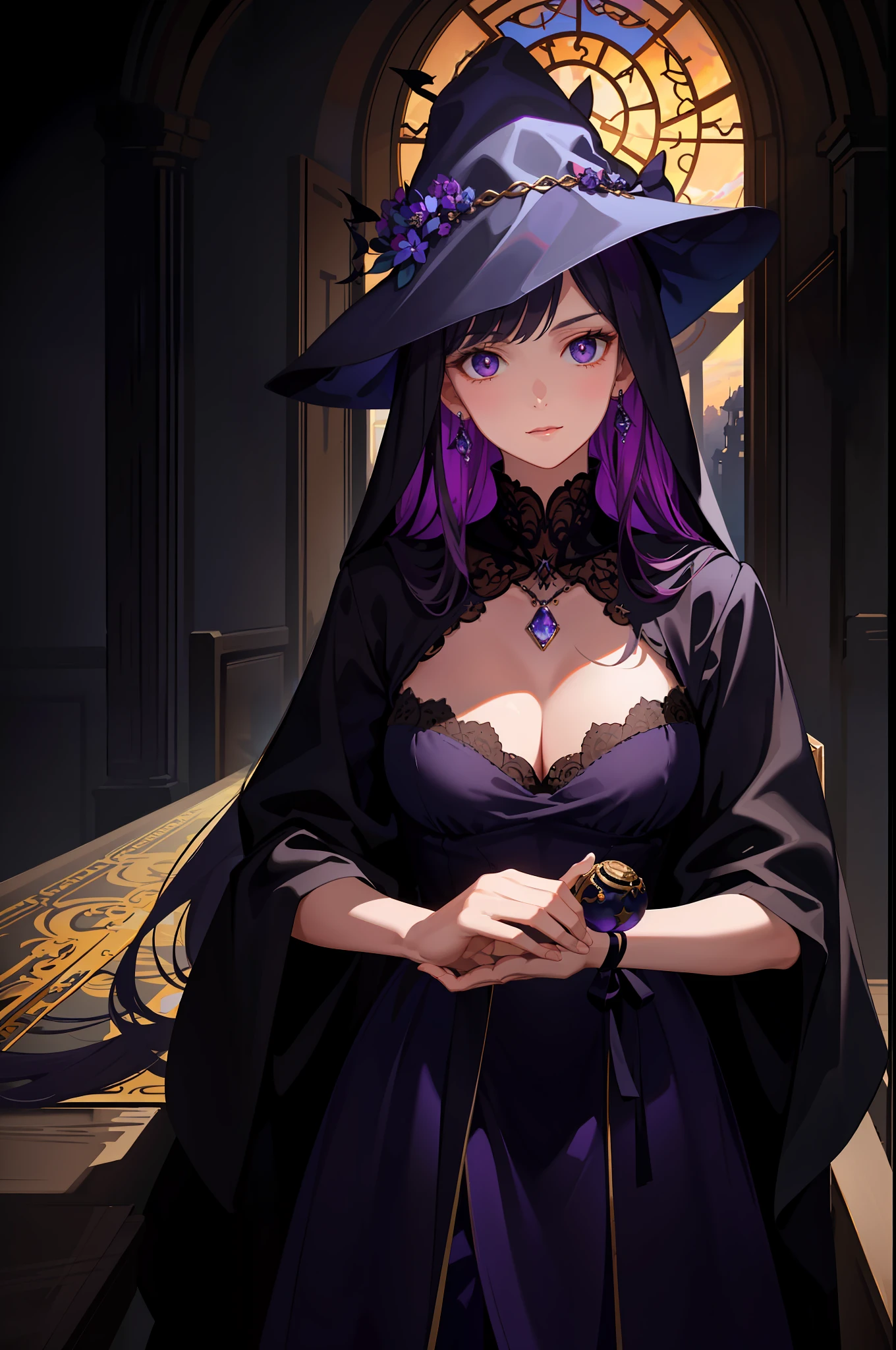 (Masterpiece, Fine and Meticulous Beautiful Eyes: 1.2), ultra-detailed, illustration, a mysterious and mysterious witch dressed in a dark purple robe, peeks at the widow bathing, and stands in a world of her own creation, surrounded by a swirling cloud of arcane magic. , detailed background, (realistic: 2), volumetric light, sunlight, rays, sky, clouds,