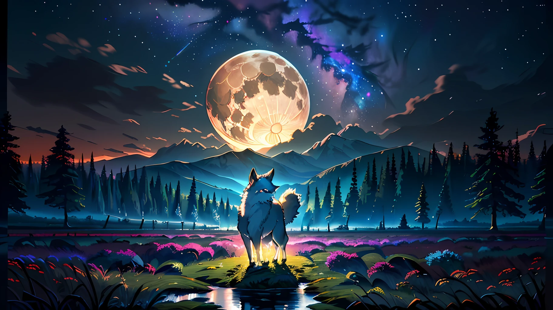 ((highres, best quality, super detail, UHD, 16k, masterpiece, realistic)), ((a landscape of a night with a humanoid-shaped wolf howling in the middle of the photo)), forest, a big moon in the background