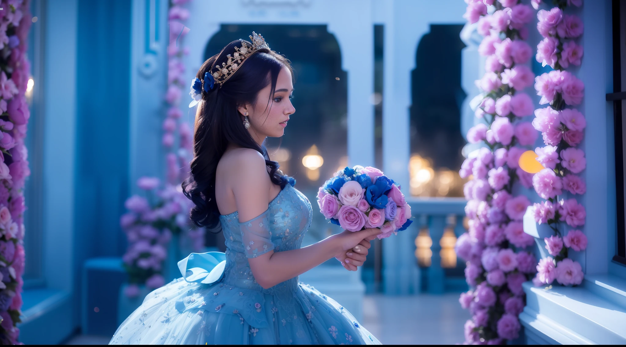Arafed Woman in a blue dress holding a bouquet of flowers, beautiful princess, stylized, wearing a blue lounge dress, beautiful queen, lady in bright flower dress, 1 6 years old, lovely queen, flower queen, Spanish princess, detailed dress and face, shot in golden hour, is about 1 6 years old, photo taken with Canon 5D