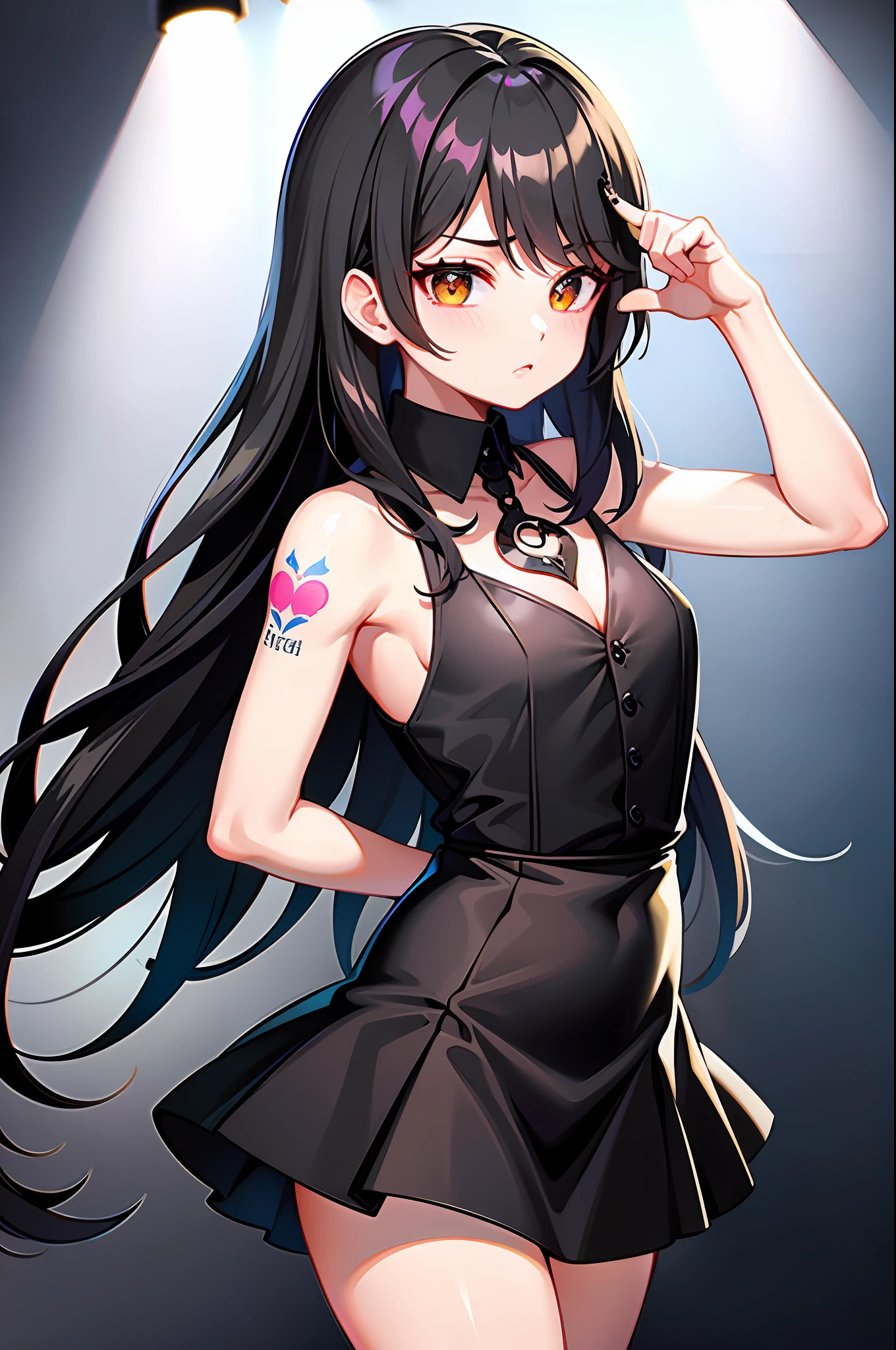 Best quality, super high resolution, 1 woman, tattoo of spades on arms, sleeveless white buttoned shirt, black skirt, black collar, cute, (Kpop idol), (aegyo sal: 1), (long black hair: 1), (puffy eyes)), looks in front of the audience, all over, facing forward