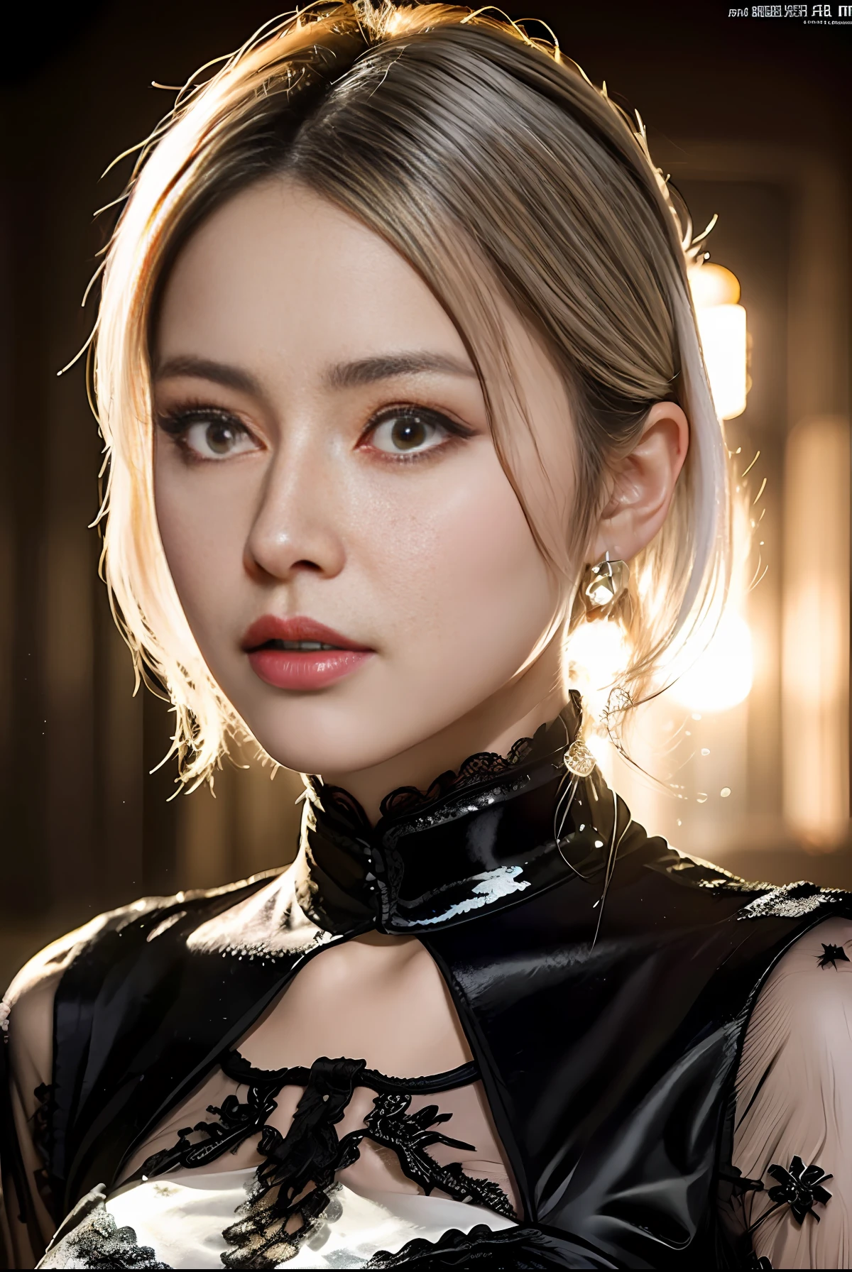 masterpiece, (front focus), surrealist female portrait, fantasy art, realism, dynamic lighting, art station, poster, volumetric lighting, highly detailed face, black and fluffy eyes, shiny pupils, 4K, award-winning, 1 girl, understated, full body shot, (official attire: 1.4,pleated lace dress), white hair,