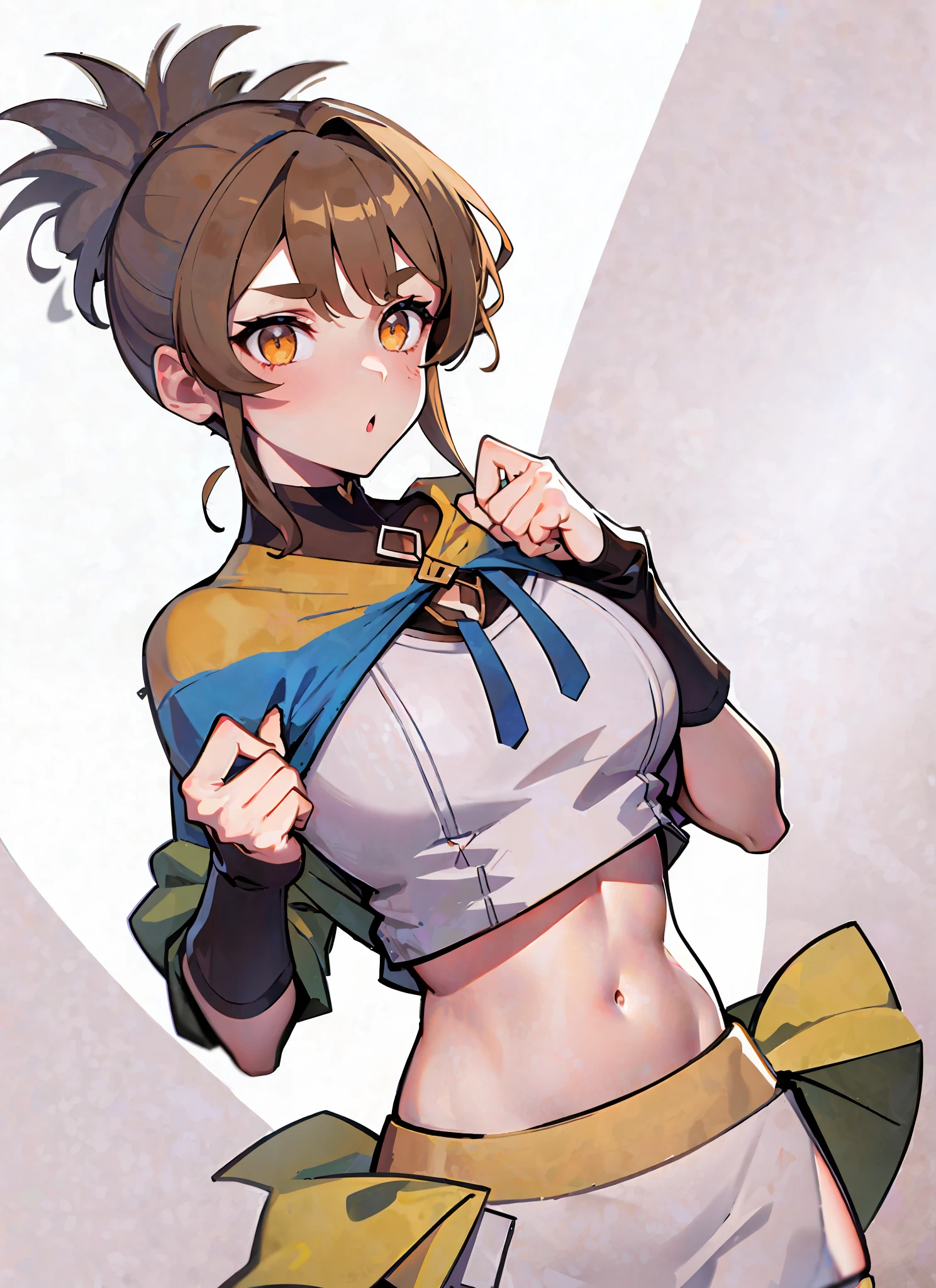 (Marci), 1girl, golden eyes, hair up, brown hair, ponytail, lewd, bikini, crop top, shirt lift, slutty