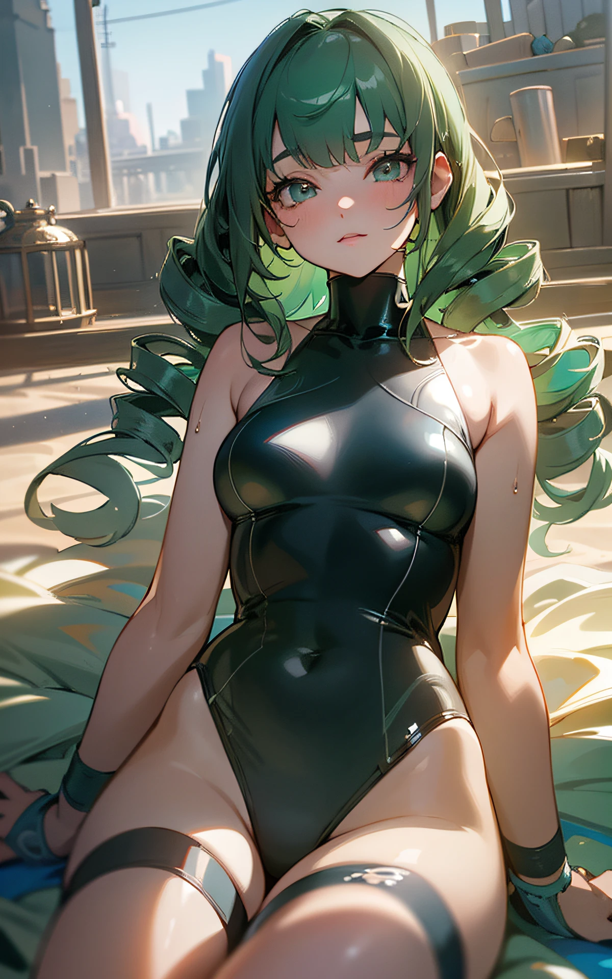 ((unity 16k wallpaper, masterpiece, best quality, ultra-detailed, extremely detailed CG, caustics, cinematic lighting, detailed, beautiful detailed eyes)), ultra high resolution, fine skin, (cute: 1.2), ( 15-year-old girl), ((old school swimsuit: 1.6)), summer sunshine, (lying on the sand: 2.0), ((writing in background)), dark green hair, biunt bangs, twin drills