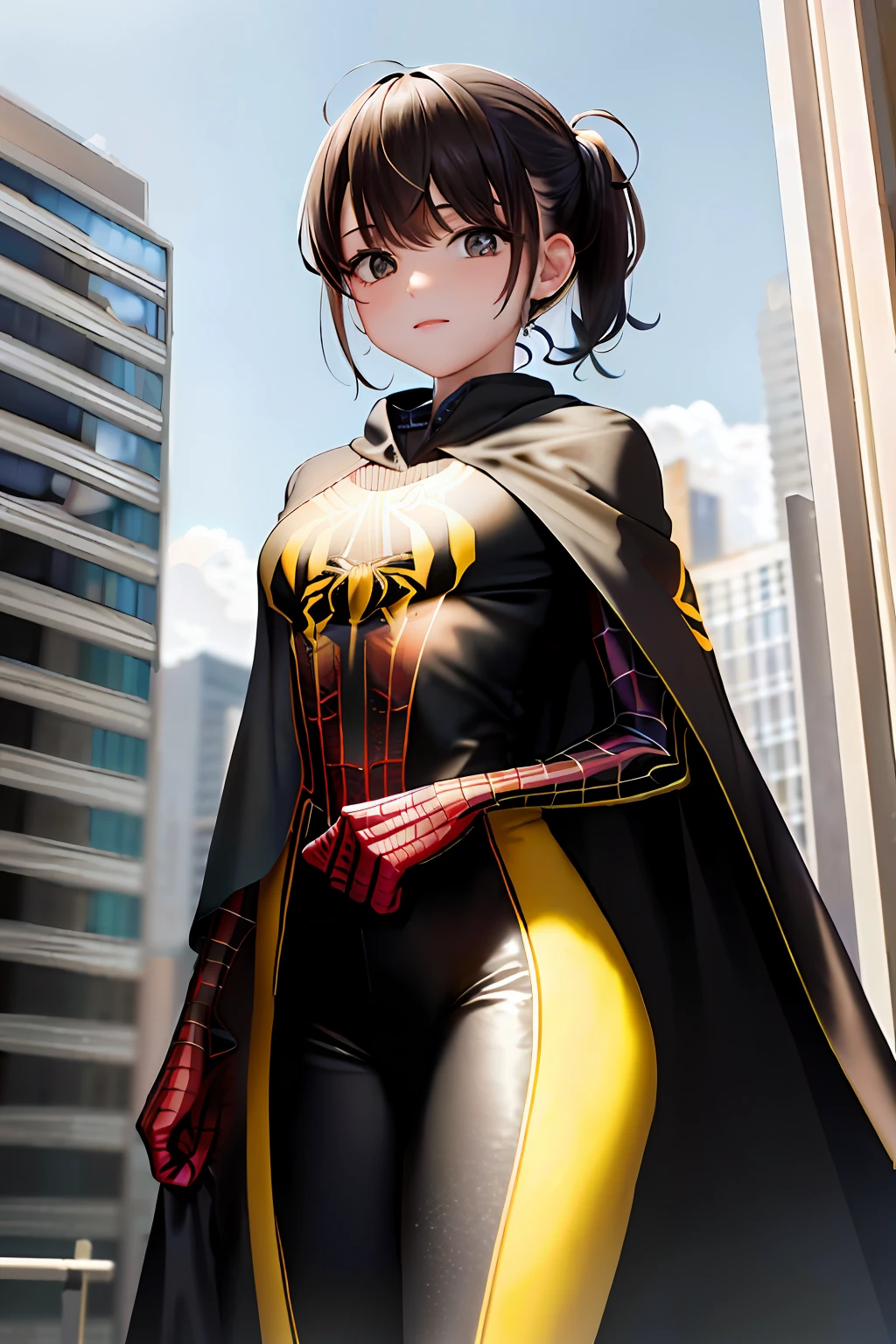 masterpiece, best quality, ultra-detailed, 1girl, spider girl, black and yellow spiderman suit, spider webs as a cape, in a building.