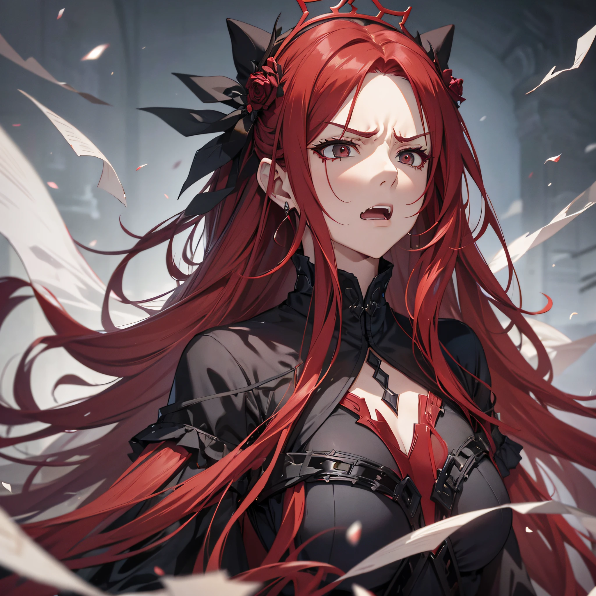 A woman, long red hair, black eyes, wedding dress, angry, angry, resentful expression, in the banquet hall