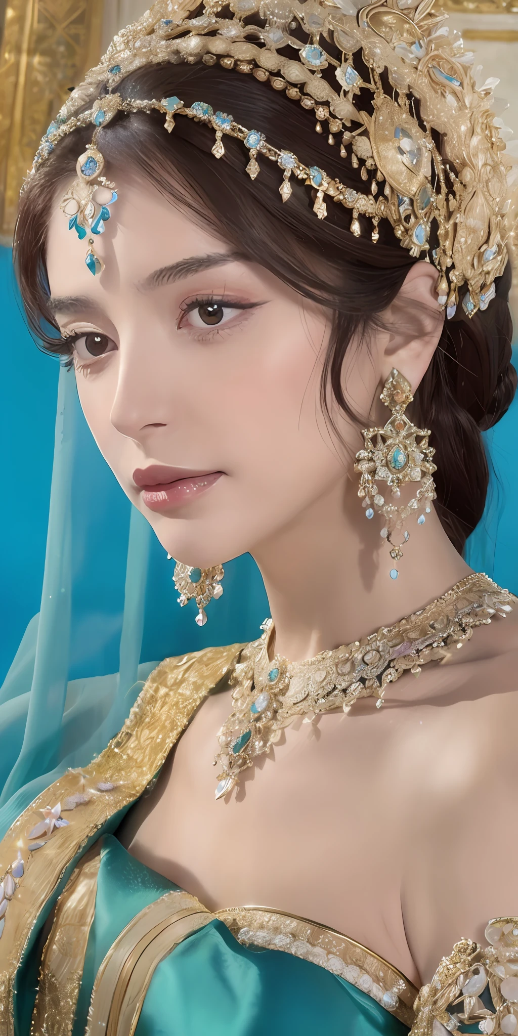 face portrait 1 Persian queen, a beautiful young Jewish woman with a graceful figure, long and well-groomed hair, fair skin and wearing luxurious clothes and jewelry that reflected the fashion and opulence of the Persian court of the time., cyan royal clothing ,off the shoulder, heavy makeups , jewelries, 
 Photorrealistic, negative space, side view