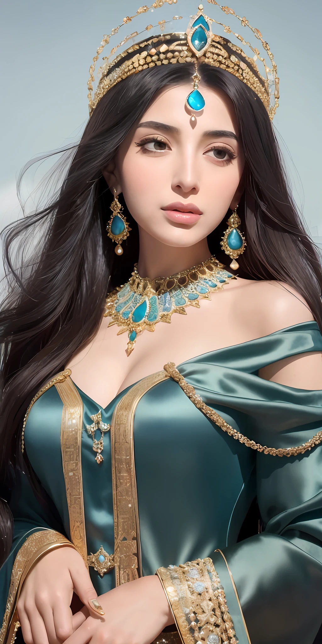 face portrait 1 Persian queen, a beautiful young Jewish woman with a graceful figure, long and well-groomed hair, fair skin and wearing luxurious clothes and jewelry that reflected the fashion and opulence of the Persian court of the time., cyan royal clothing ,off the shoulder, heavy makeups , jewelries,
Photorrealistic, negative space, side view