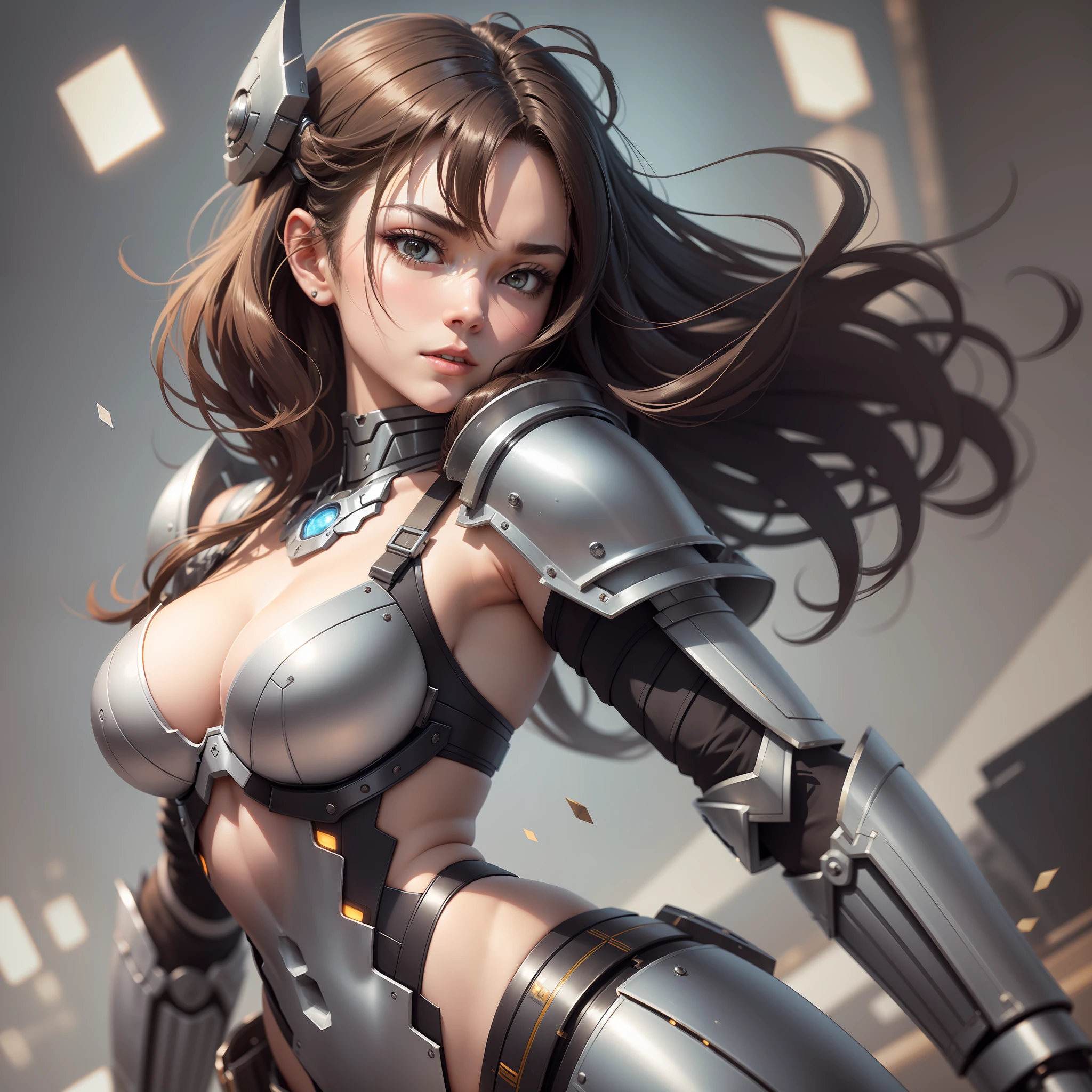 japanese head, shoulders, chest and belly. robot arms, hips and legs, metal bra with cleavage and flat belly, shoulder armor, hip armor, extremely pretty and feminine, petite, slender figure, full hips, sharp image, gallery quality, highest quality, science fiction background, fantasy, rgb glowing trim on outfit, detailed shadows, intricate robotic details, detailed hair, hair blowing in wind, dark brown hair, illustration, bokeh, award winning