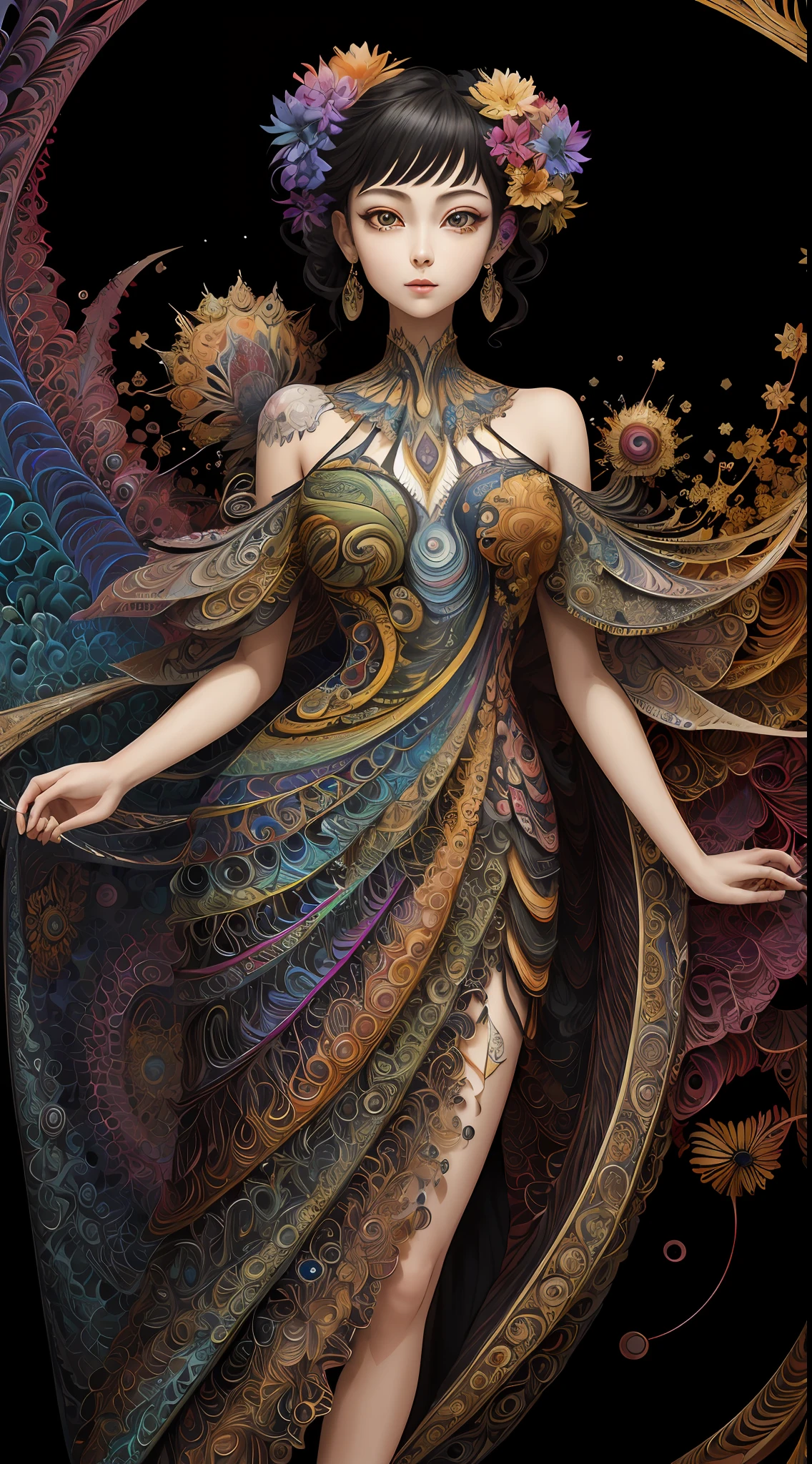 (masterpiece, top quality, best quality, official art, beautiful and aesthetic:1.2), (1girl:1.3), extremely detailed,(fractal art:1.2),colorful,highest detailed,(zentangle:1.2), (dynamic pose), (abstract background:1.5), (treditional dress:1.2), (shiny skin), (many colors:1.4), upper body, masterpiece, best quality,high quality,highres, 16K,RAW,ultra highres,ultra details,finely detail,an extremely delicate and beautiful,extremely detailed,real shadow, anime,highly detailed painted,award winning glamour paintting,wonderful paintting,art style,stylized,