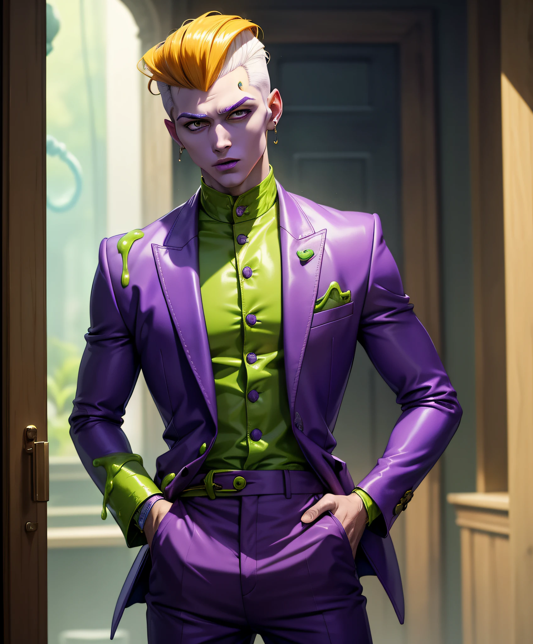 Slime boy, (slime), Raw sienna Slime hair Pompadour style, bright green shirt, purple jacket, purple pants, crazy look on their pale white face, Masterpiece, Best Quality