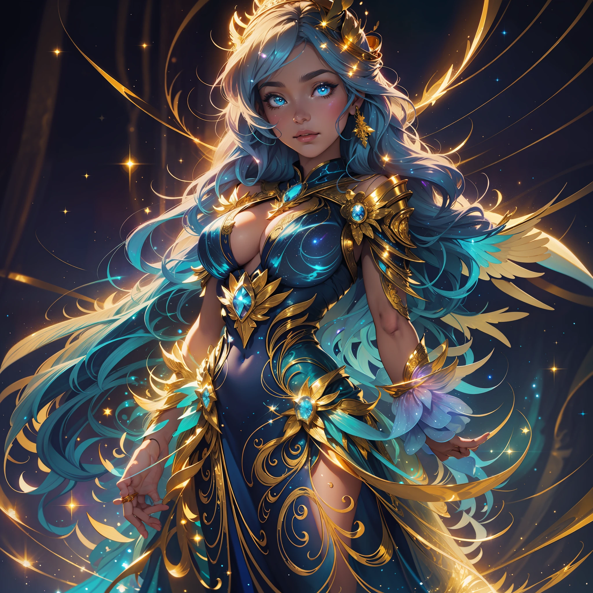 An angel woman is standing in a night setting, shrouded in a magical aura. Their long, golden hair glows with soft blue reflections, and their majestic wings have a golden sheen with bluish nuances. She is wearing a flowing dress in shades of dark blue, adorned with golden details that glow in the starlight.