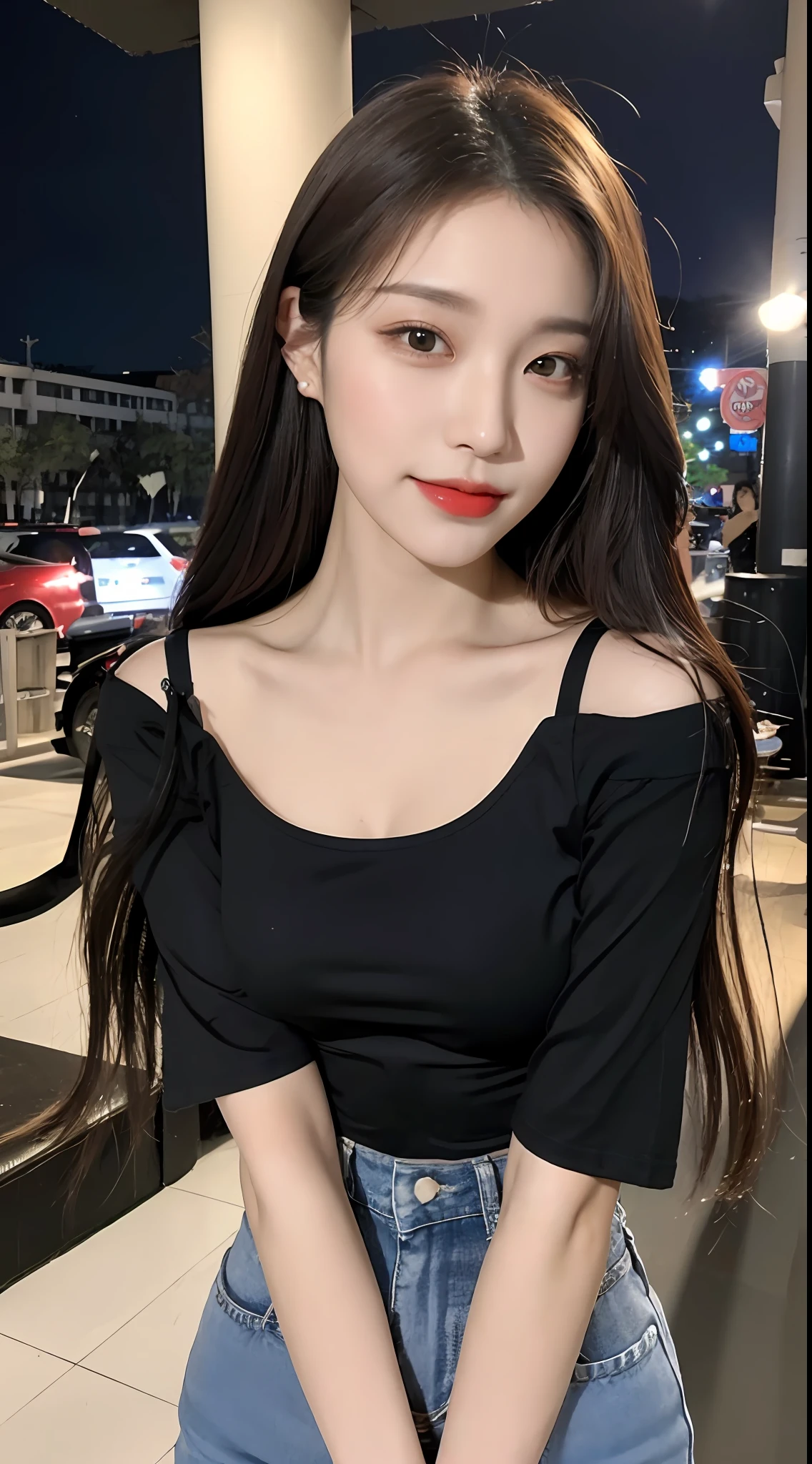 20 years old, pure beauty slightly fat, danfeng eyes, double eyelids, lying silkworm, long eyelashes, black eyes, deep black hair, graceful body, showing slender waist, casual T-shirt, new perfect jeans, face highlight, smile, look at me, bust photo, background, city night scene, Tyndall light, filter rendering, super fine, HD, HD, HD picture quality, detail, 18k ultra HD resolution, top effect, master work, bust photo.