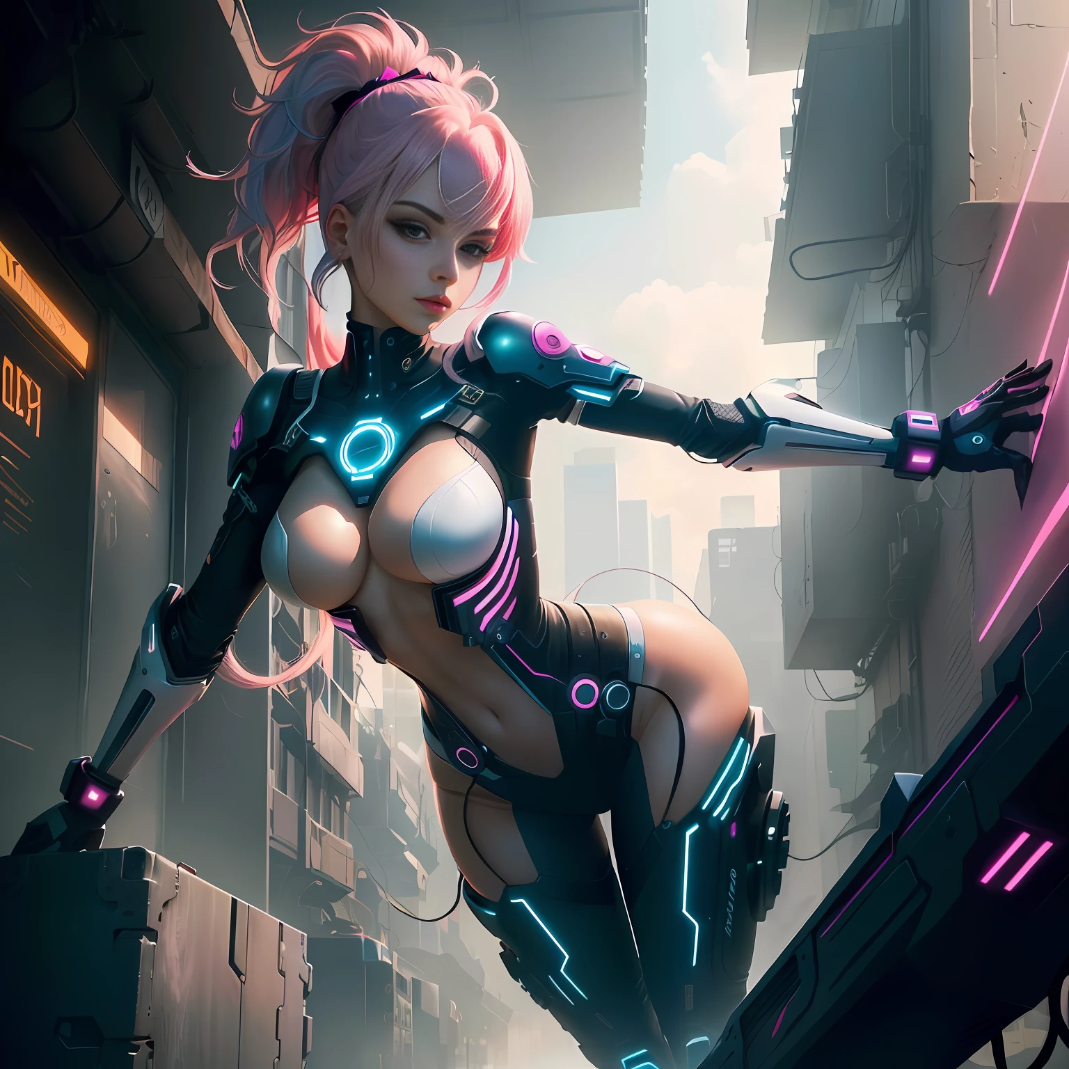 Woman, hot, perfect breasts, E-Girl, perfect girl, Black hair with pink locks, sexy pose, girlfriend, 8k, Artwork
