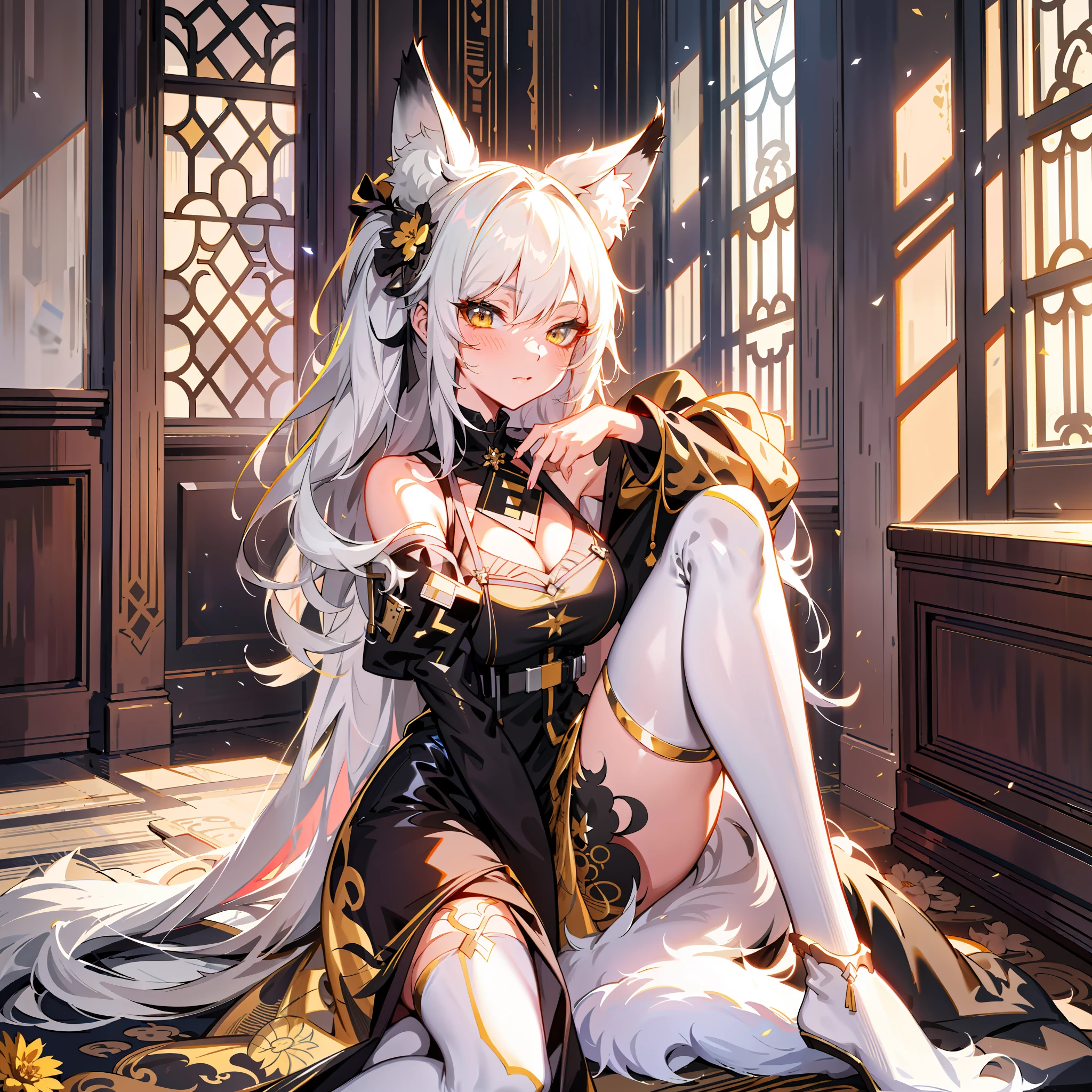 anime - style image of a woman in a black and gold outfit sitting on a floor, white - haired fox, trending on artstation pixiv, guweiz on artstation pixiv, beautiful anime catgirl, guweiz on pixiv artstation, very beautiful anime cat girl, from arknights, 8k high quality detailed art, from girls frontline