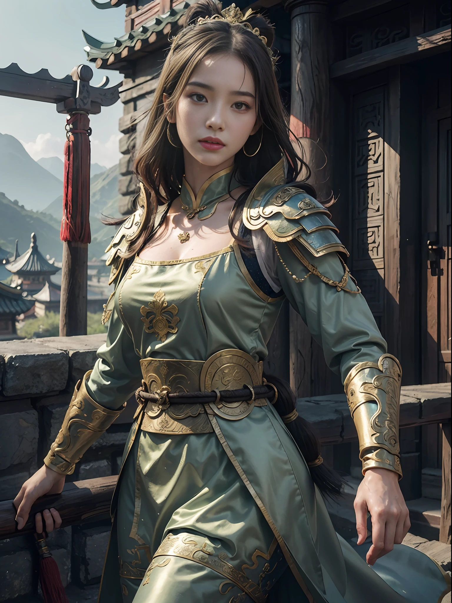 ((Best Quality, 8K, Masterpiece: 1.3))), Clear Focus: 1.2, (Layer Cut, Large: 1.2), Beautiful Woman with Perfect Figure: 1.4, Slender Abs: 1.2, Wet Body: 1.5, Highly Detailed Face and Skin Texture, Detailed Eyes, Double Eyelids, Long Brown Hair, Collarbone, Chinese Costume, Armor, Portrait of Mulan, Female General, Full Body, Swordsman, Background Above City Wall