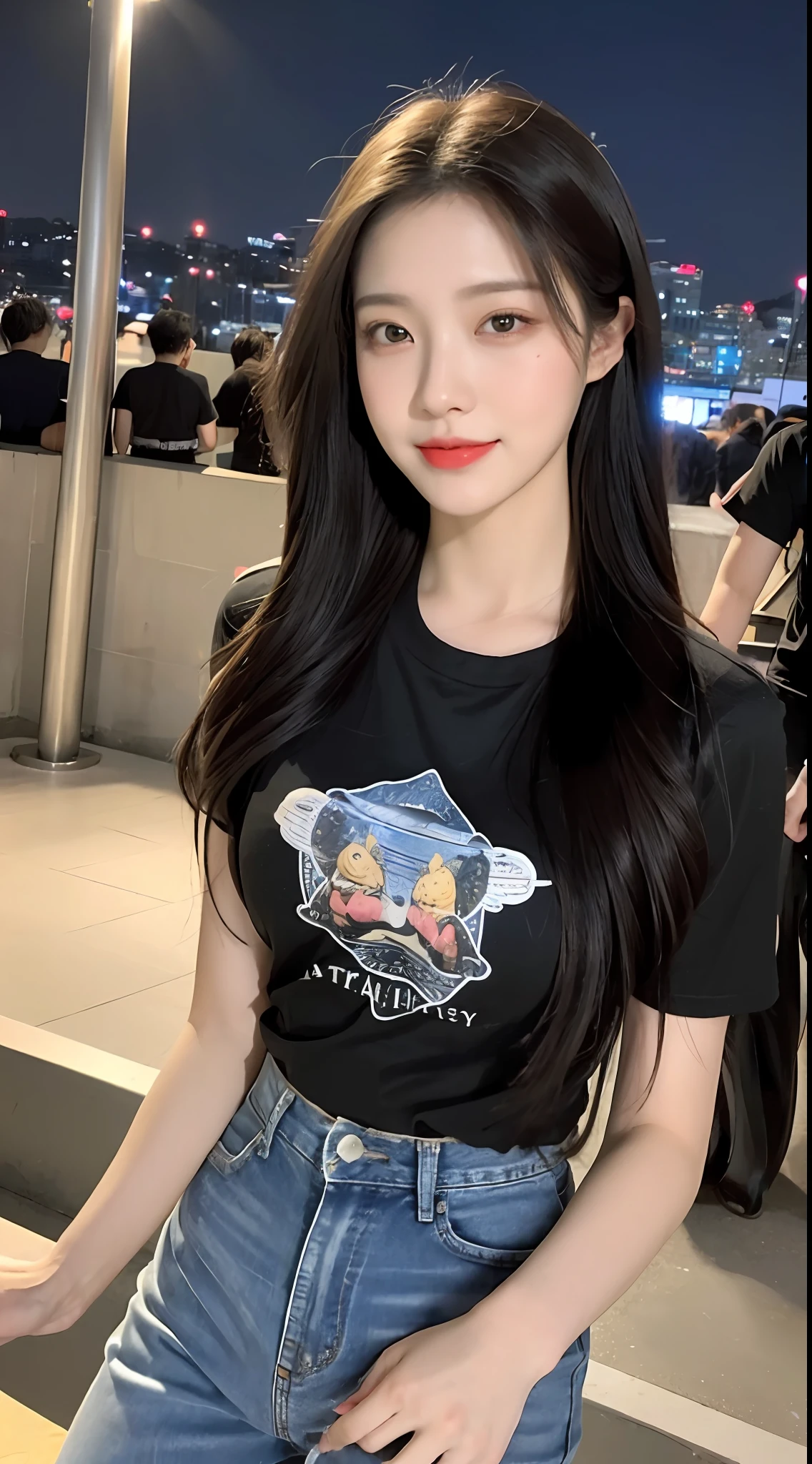 20 years old, pure beauty slightly fat, danfeng eyes, double eyelids, lying silkworm, long eyelashes, black eyes, deep black hair, graceful body, showing slender waist, casual T-shirt, new perfect jeans, face highlight, smile, look at me, bust photo, background, city night scene, Tyndall light, filter rendering, super fine, HD, HD, HD picture quality, detail, 18k ultra HD resolution, top effect, master work, bust photo.