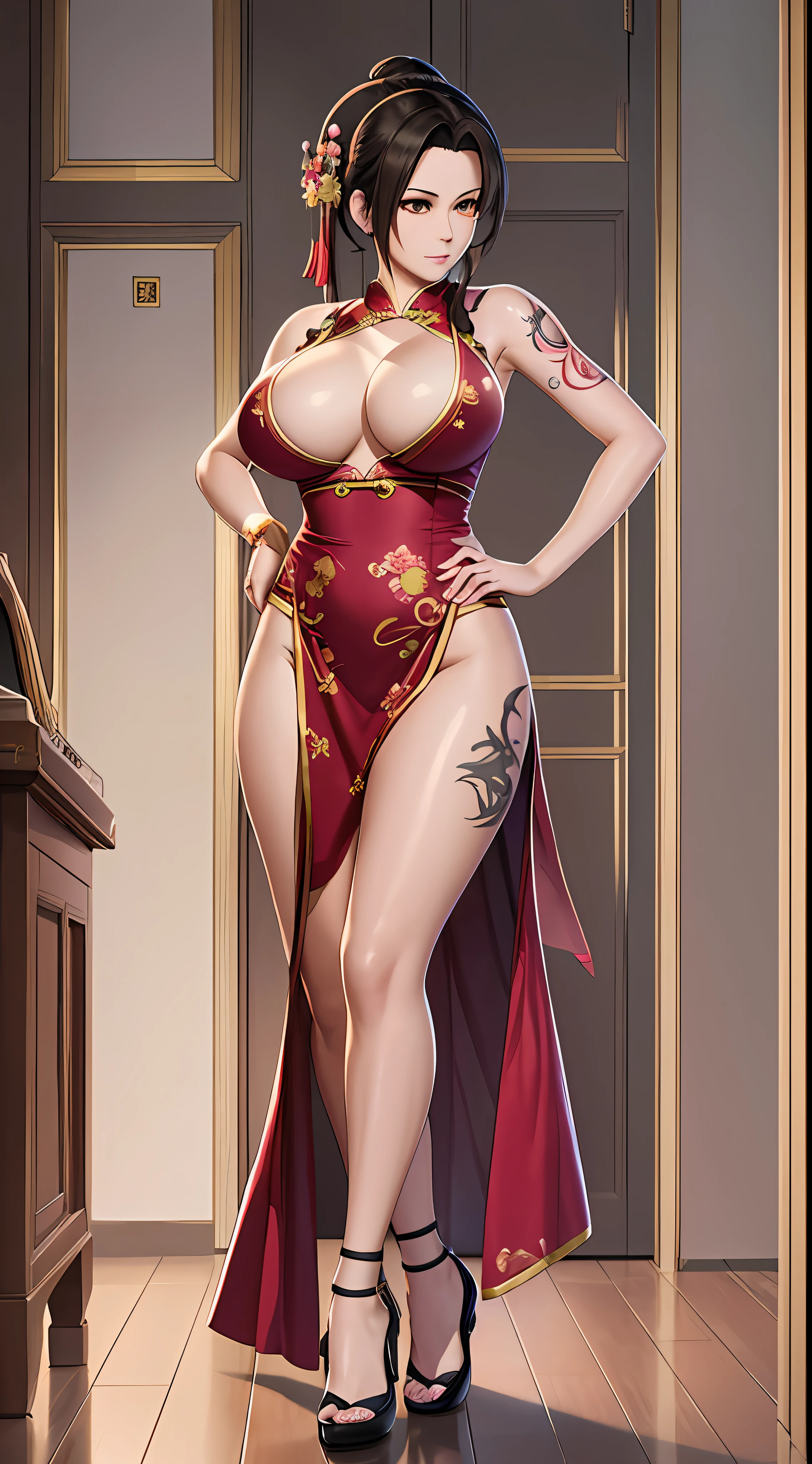 nighttime,long shot,full body,KOF:Mai Shiranui ,(Wearing Painting birds on mini-cheongsam),The mirror, Masterpiece,best quality,official art,extremely detailed 3DCG unity 8k, ( ##tattoo ##,tattoo, ~+ tattoo),(Perfect female curves, huge breast),(A seductive gaze), Facing the camera, Pink lips,Delicate fingers and hands,magic hour, Rembrandt lighting, front lighting and fill lighting, hard shadow, Arnold render,