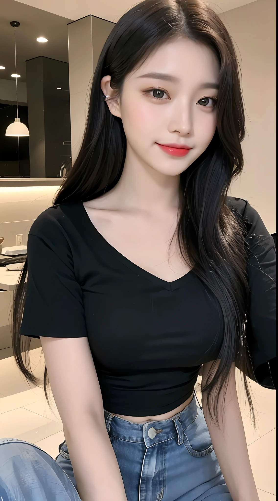 20 years old, pure beauty slightly fat, danfeng eyes, double eyelids, lying silkworm, long eyelashes, black eyes, deep black hair, graceful body, showing slender waist, casual T-shirt, new perfect jeans, face highlight, smile, look at me, bust photo, background, city night scene, Tyndall light, filter rendering, super fine, HD, HD, HD picture quality, detail, 18k ultra HD resolution, top effect, master work, bust photo.