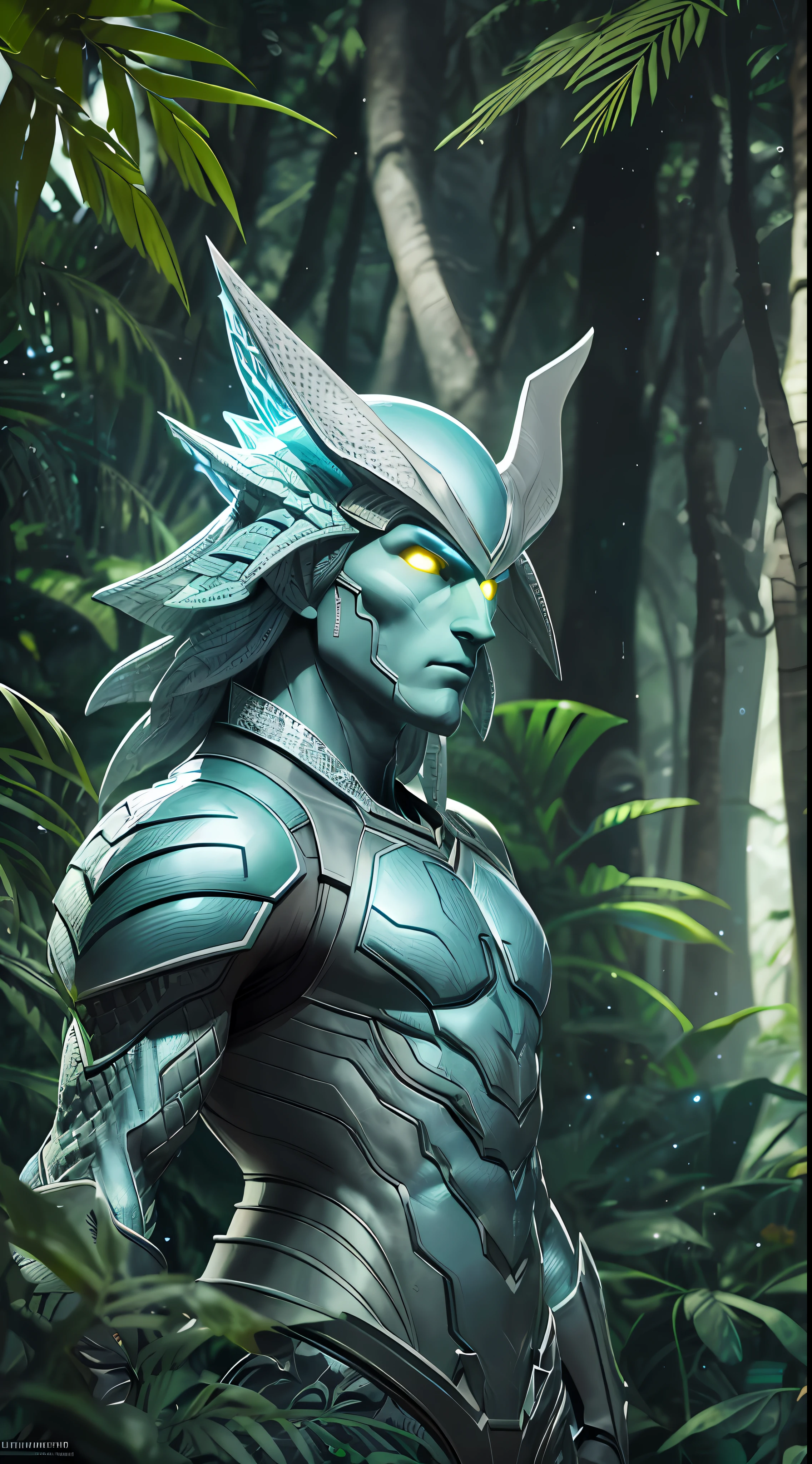 Krylonian Man (race of scaly-skinned beings)Physical characteristics: Grax is a tall, robust krylonian with a dark green scaly skin. Their eyes are yellow and bright, with vertical pupils. It has a long, muscular tail. Clothing: He wears a technological armor made of sturdy materials, which molds perfectly to his scaly body. The armor has details in shades of silver and blue, with symbols of his race. Grax is on his home planet, a lush world filled with rainforests. The trees are tall and exotic, with multicolored foliage. Strange and fascinating creatures inhabit the environment, while mysterious sounds echo among the trees. Grax is exploring the jungle, in search of knowledge and adventure.