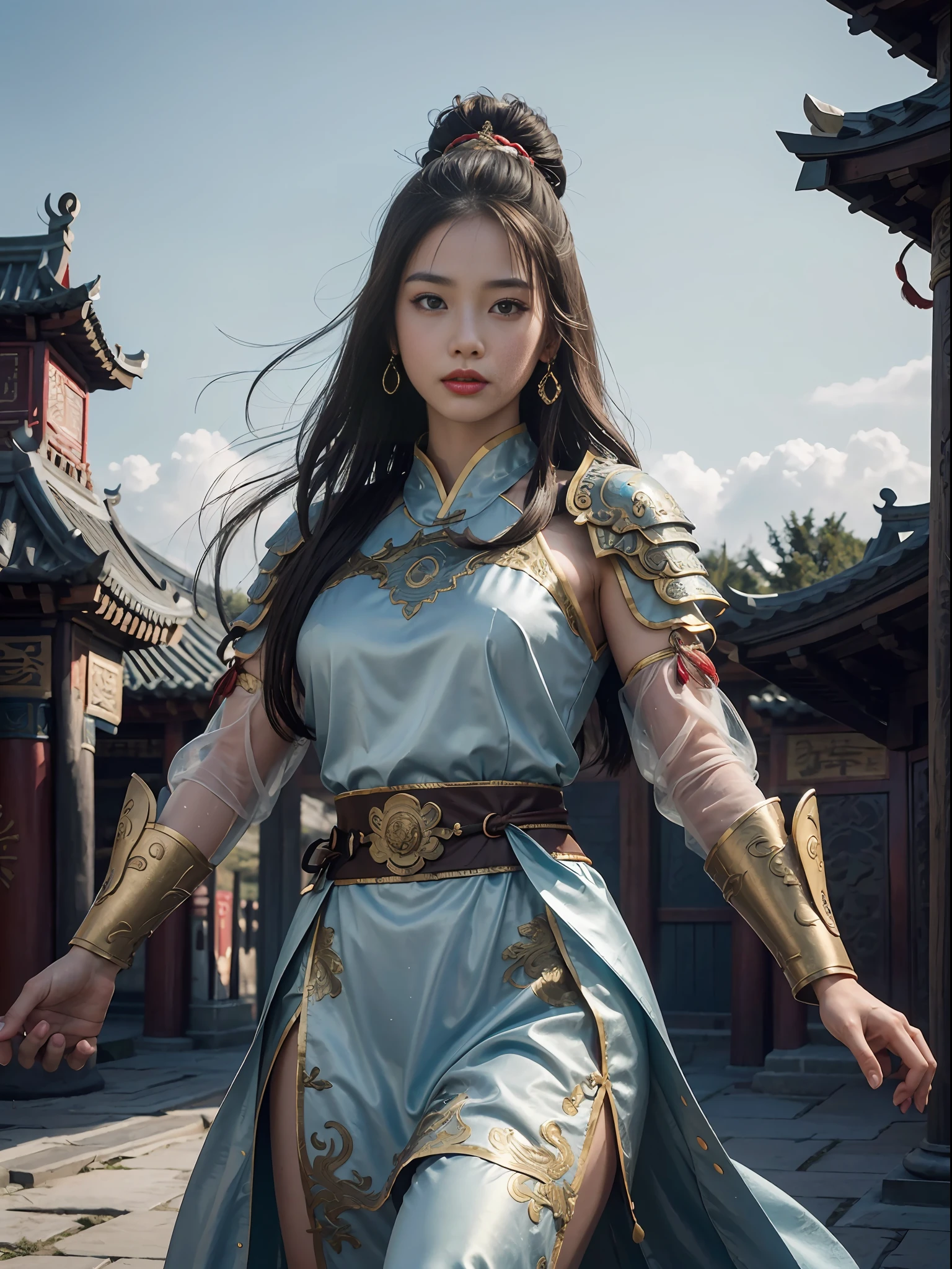 ((Best Quality, 8K, Masterpiece: 1.3))), Clear Focus: 1.2, (Layer Cut, Large: 1.2), Beautiful Woman with Perfect Figure: 1.4, Slender Abs: 1.2, Wet Body: 1.5, Highly Detailed Face and Skin Texture, Detailed Eyes, Double Eyelids, Long Brown Hair, Collarbone, Chinese Costume, Armor, Portrait of Mulan, Female General, Full Body, Swordsman, Background Above City Wall