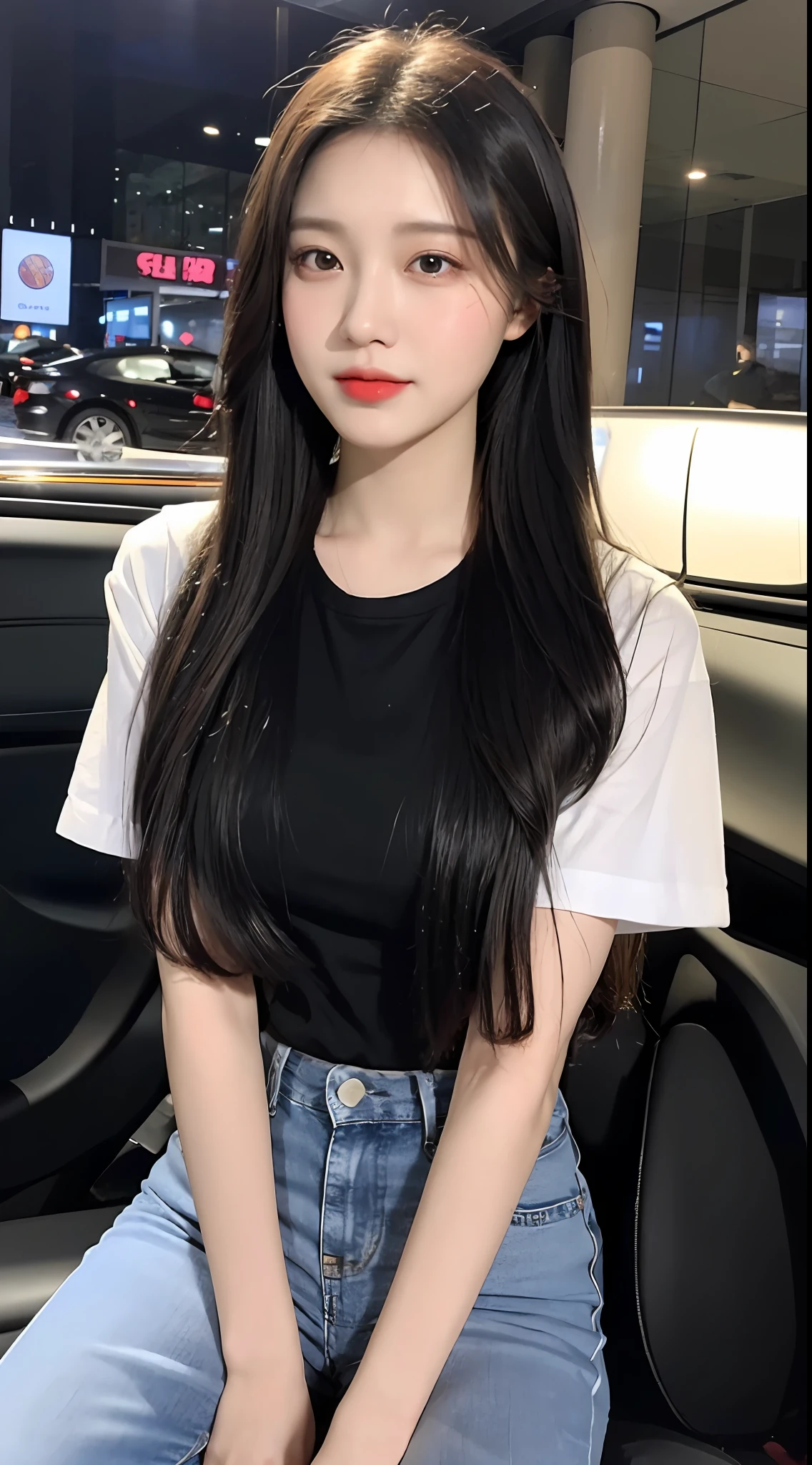 20 years old, slightly chubby and pure beauty, danfeng eyes, double eyelids, lying silkworm, long eyelashes, black eyes, deep black hair, graceful body, showing slender waist, casual T-shirt, new perfect jeans, face highlight, smile, look at me, bust photo, background, city night scene, Tyndall light, filter rendering, super fine, HD, HD, HD picture quality, detail, 18k ultra HD resolution, top effect, master work, bust photo.