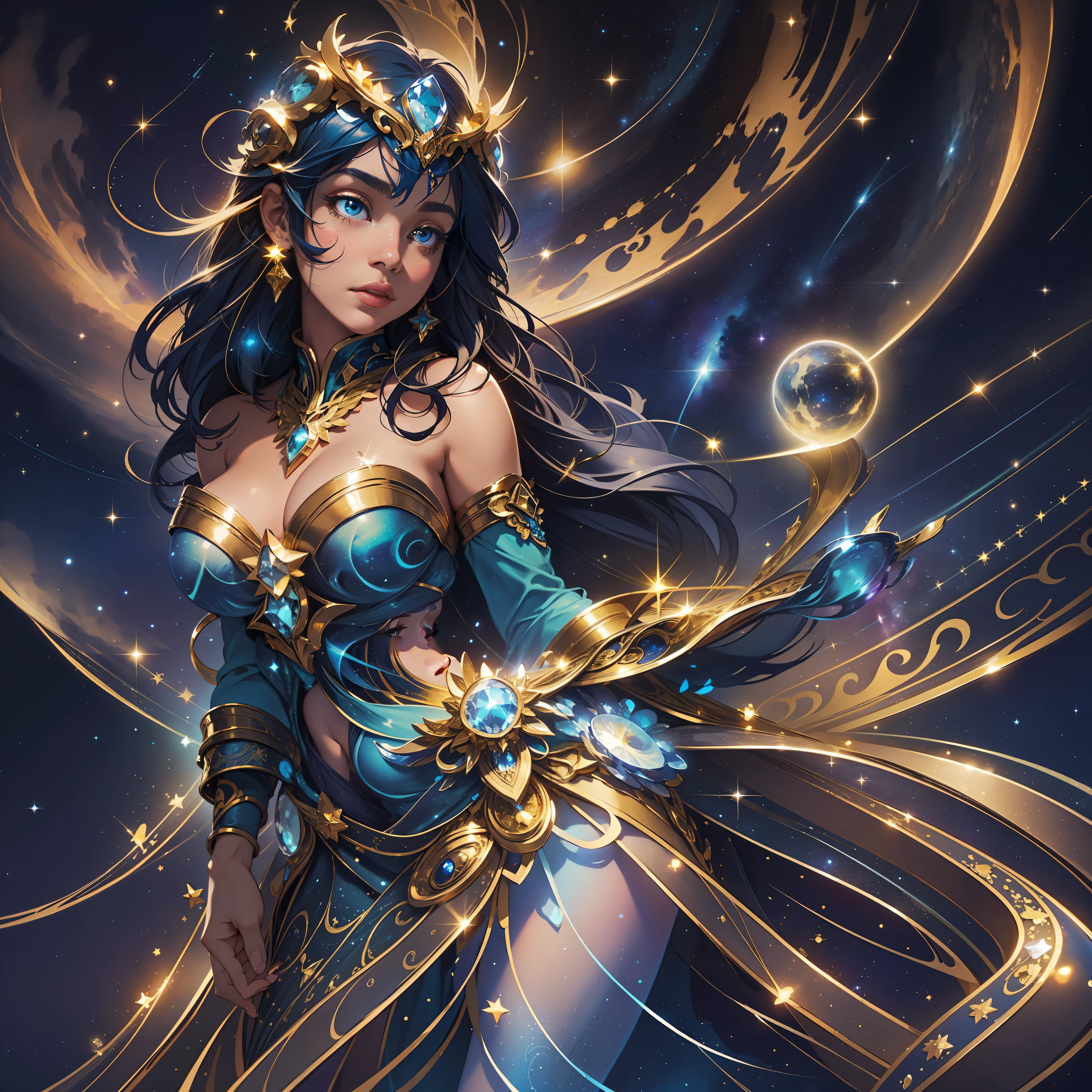 In the background, a celestial landscape painted in shades of blue and gold seems to stretch to infinity. The stars shine brightly, scattering golden dots across the night sky. A soft blue light illuminates the scene, highlighting the serene beauty of the angel woman.