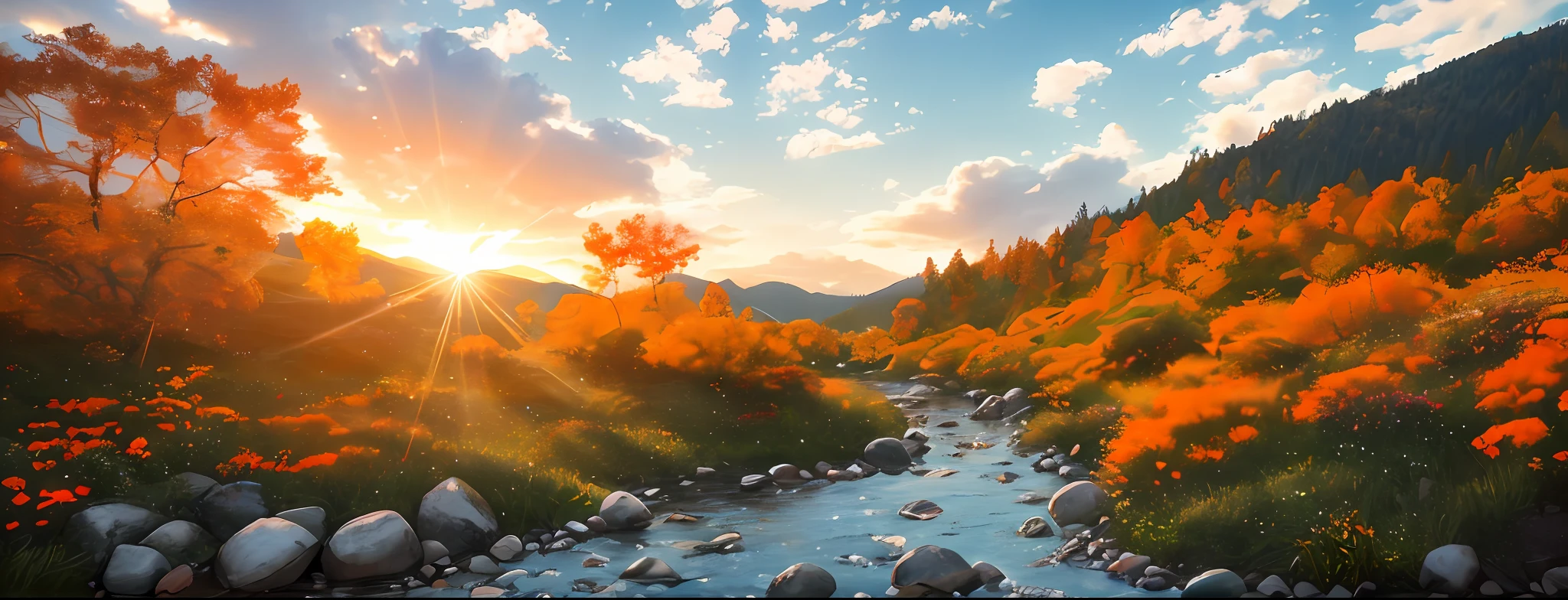sunny climate, with a clearing, masterpiece, butterflies, best quality, high quality, 8k unit wallpaper CG extremely detailed, river with stones in the middle, award-winning photography, Bokeh, Depth of Field, HDR, bloom, chromatic aberration, photorealistic, extremely detailed, trend in artstation, trend in CGsociety, intricate, high detail, dramatic, art in the middle of the journey, orange lighting