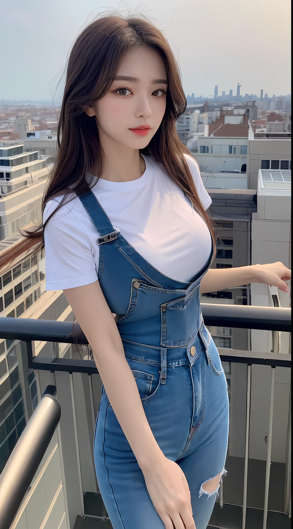 ((Midnight, Best quality, 8k, Masterpiece :1.3)), Whole body, Long legs, Sharp focus :1.2, A pretty woman with perfect figure :1.4, Slender abs :1.1, ((Dark brown hair, Big breasts :1.2)), (White tight tshirt, Jean bib, Standing:1.2), ((Night city view, Rooftop:1.3)), Highly detailed face and skin texture, Detailed eyes, Double eyelid