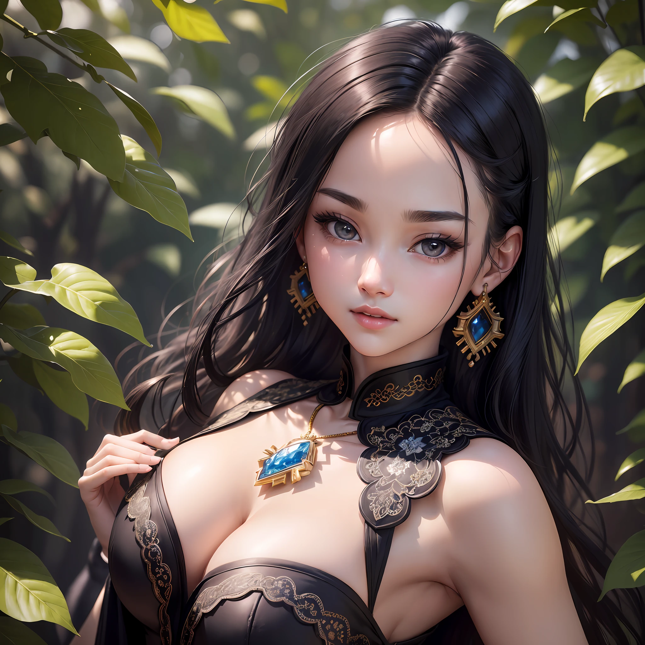 (Best Quality, Masterpiece, 8K, Ultra High Resolution, Realistic, Close-up, Photon Mapping, Teleportion, Physically Based Rendering: 1.2), (Beautiful Delicate Face and Smooth Forehead and Long Black Hair and Messy Hair: 1.2), (Colored Clothes: 1.5), (Beautiful Face and Delicate Whitening of Face, Extremely Detailed 8K Color Filament Robe: 1.2), 1 Girl, Solo, (Young), Detailed Face, Shiny Skin, Intricate Details, Looking at the Audience, Big Eyes, Earrings, Hairpins, Necklace, big breasts, slim body. Wearing a black and white dress cheongsam, posing elegantly and cutely,