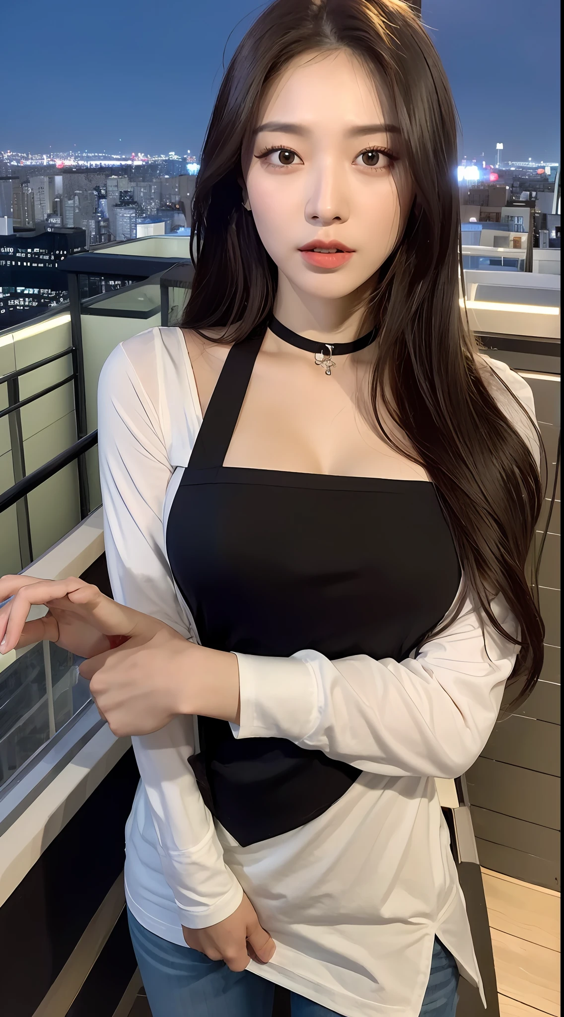 ((Midnight, Best quality, 8k, Masterpiece :1.3)), Whole body, Long legs, Sharp focus :1.2, A pretty woman with perfect figure :1.4, Slender abs :1.1, ((Dark brown hair, Big breasts :1.2)), (White tight tshirt, Jean bib, Standing:1.2), ((Night city view, Rooftop:1.3)), Highly detailed face and skin texture, Detailed eyes, Double eyelid