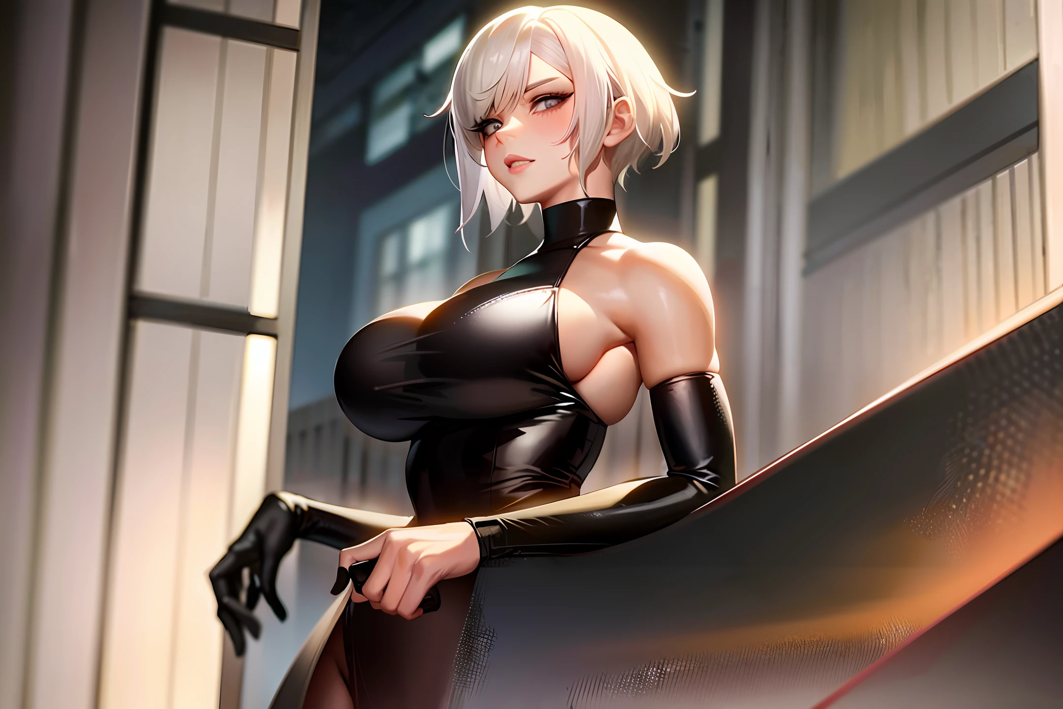 A realistic woman with short white hair,with a provocative sexy neckline outfit, huge breasts sitting on the edge of a building,(8k)(very detailed)