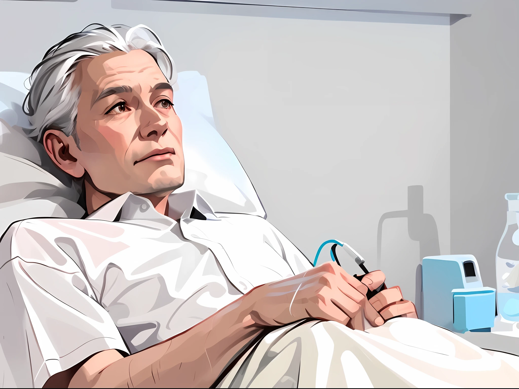 there is a man laying in a hospital bed with a phone, in hospital bed, digitally painted, stylized digital illustration, digital illustration, digital art illustration, medical depiction, full color digital illustration, in style of digital illustration, digital drawing, digital illustration -, ultra realistic illustration, digitally painting, dark grey haired man, painting of a man, detailed digital illustration