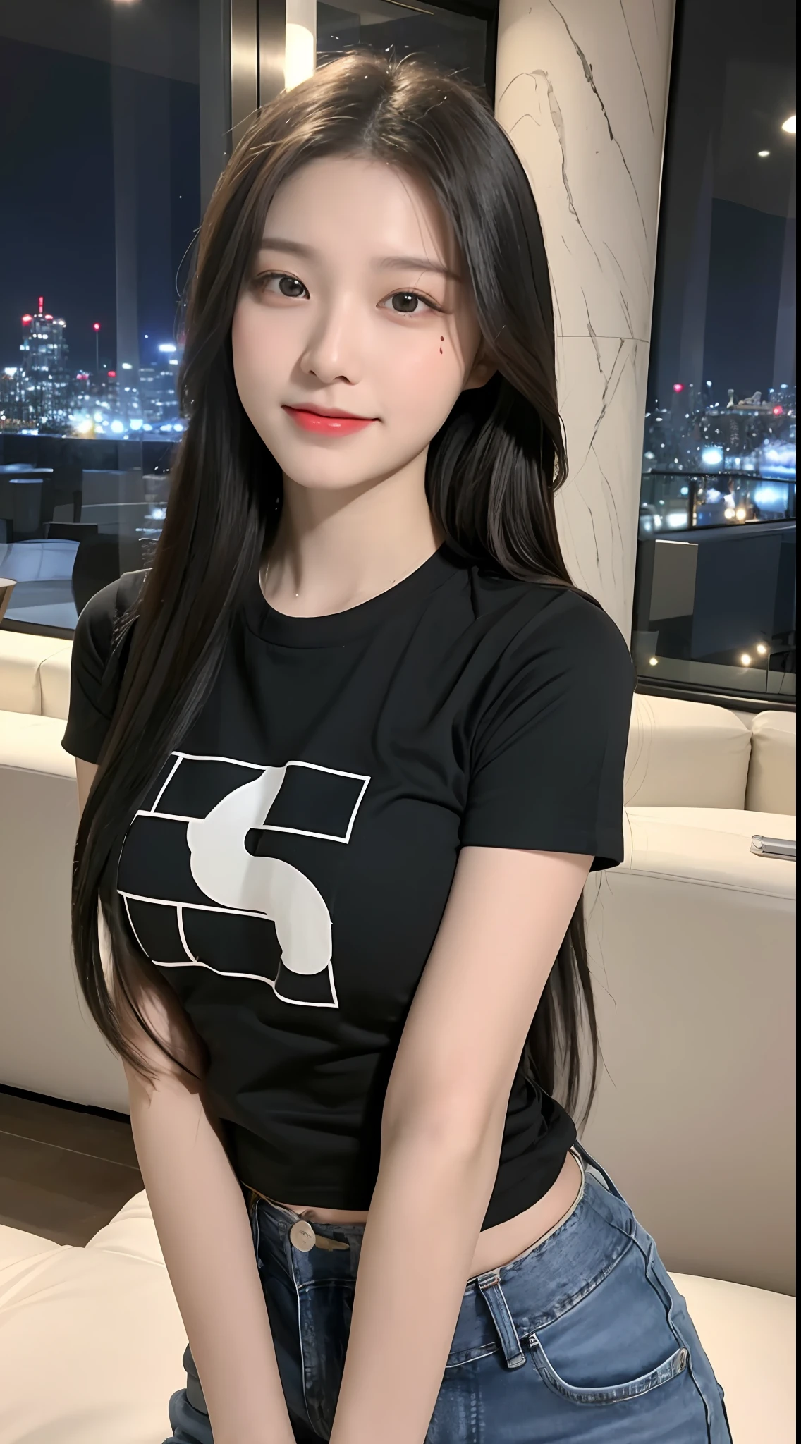 20 years old, slightly chubby and pure beauty, danfeng eyes, double eyelids, lying silkworm, long eyelashes, black eyes, deep black hair, graceful body, showing slender waist, casual T-shirt, new perfect jeans, face highlight, smile, look at me, bust photo, background, city night scene, Tyndall light, filter rendering, super fine, HD, HD, HD picture quality, detail, 18k ultra HD resolution, top effect, master work, bust photo.
